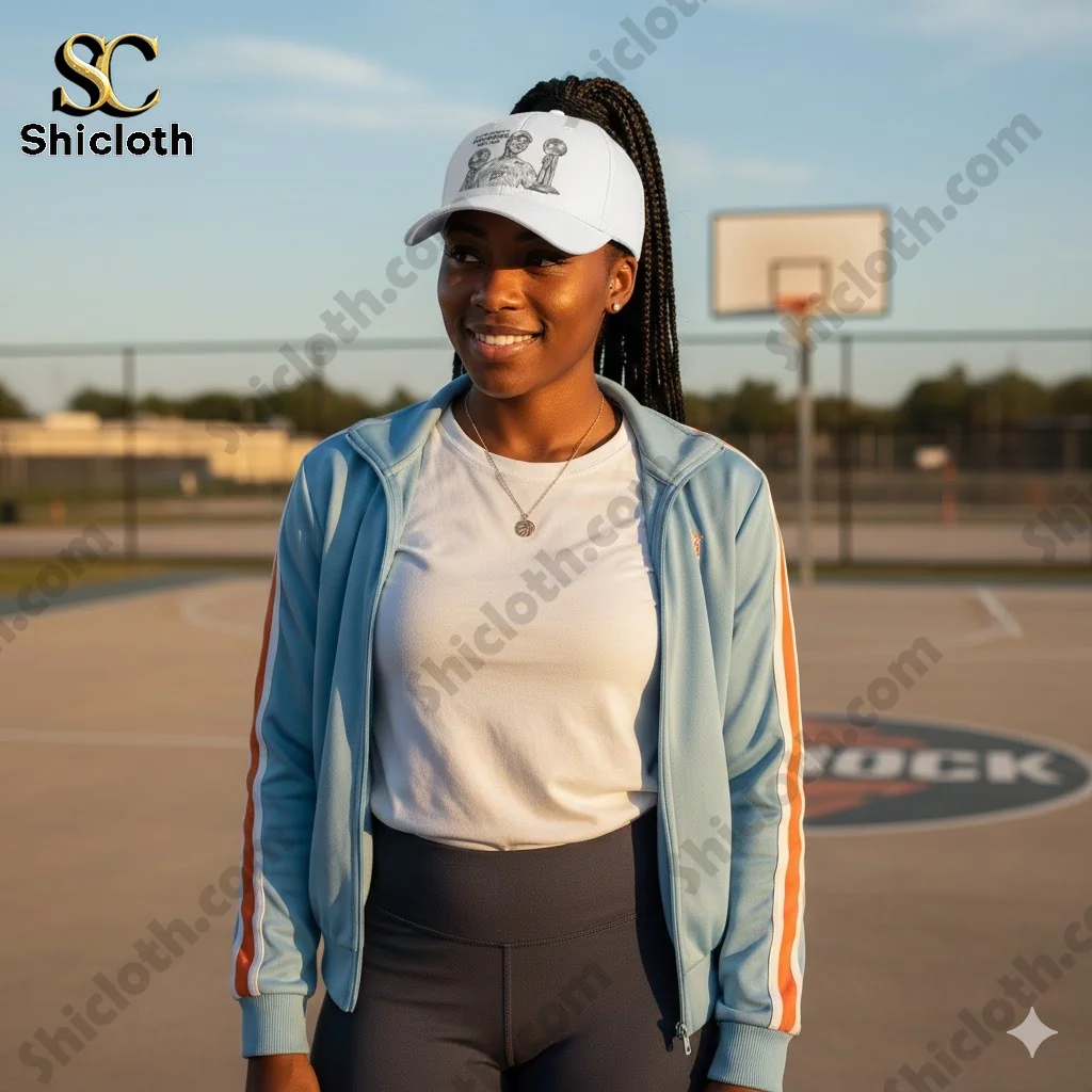 Woman wearing white memorial Kara Braxton cap on outdoor basketball court!