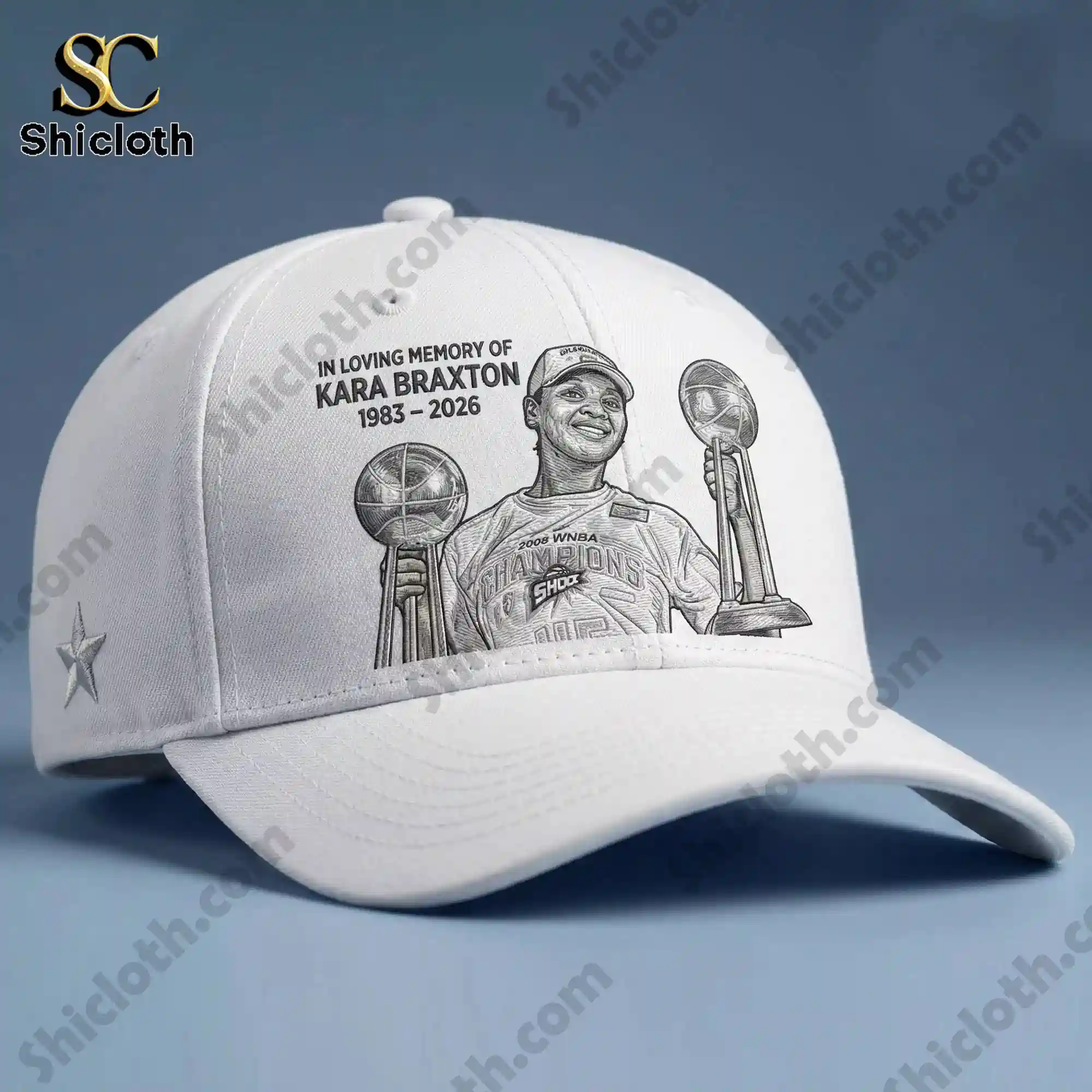 Close up of white Kara Braxton memorial cap with detailed tribute artwork!