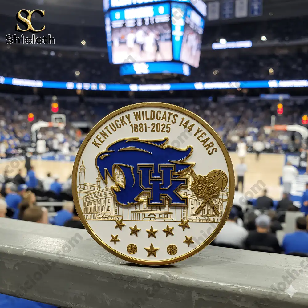 Kentucky Wildcats commemorative coin front displayed at a basketball arena!