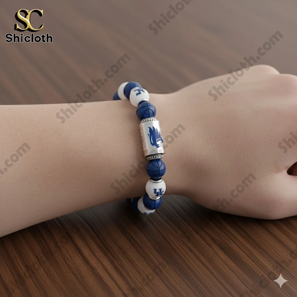 Blue and white Kentucky Wildcats beaded bracelet worn on a wrist!