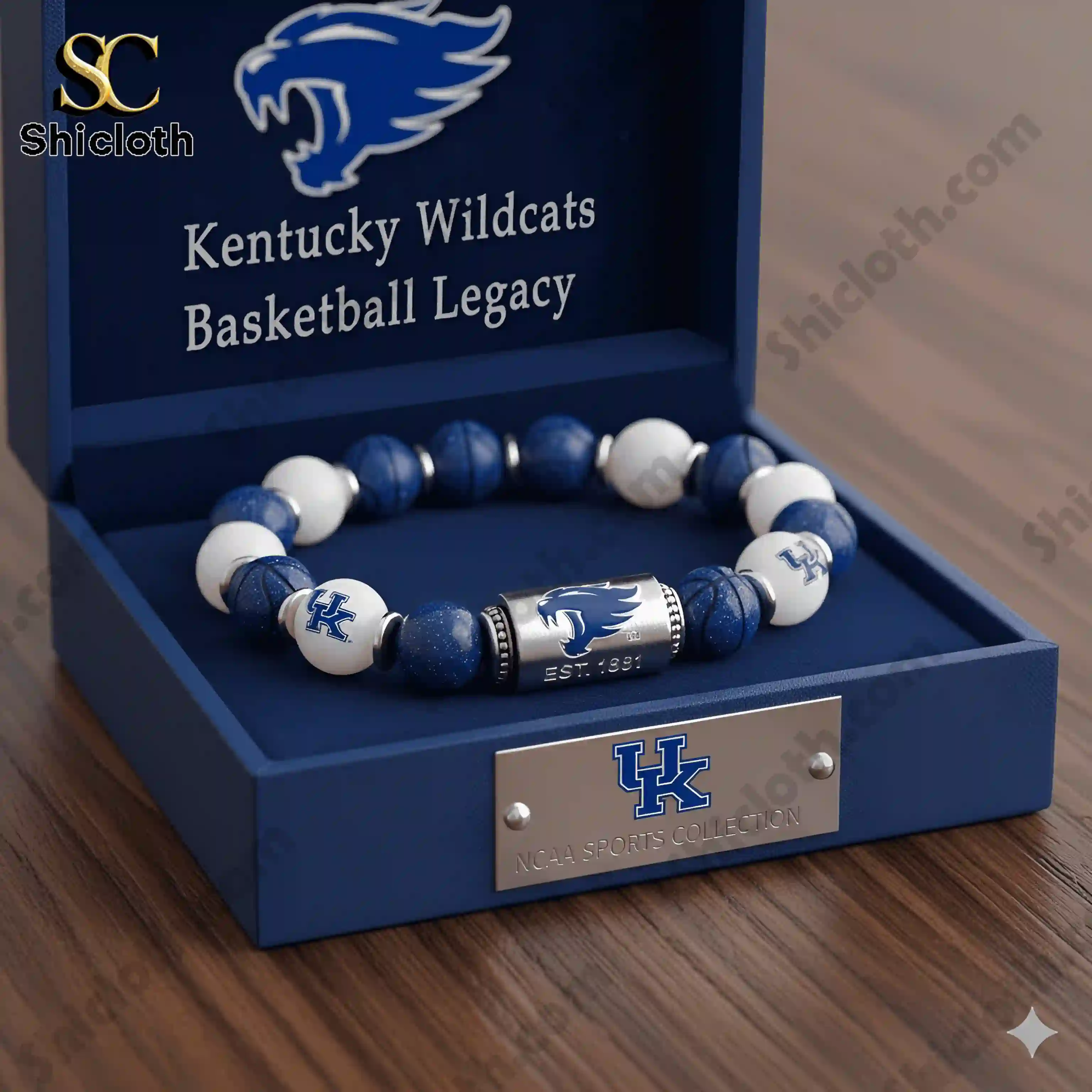 Kentucky Wildcats beaded bracelet displayed inside a blue presentation box!