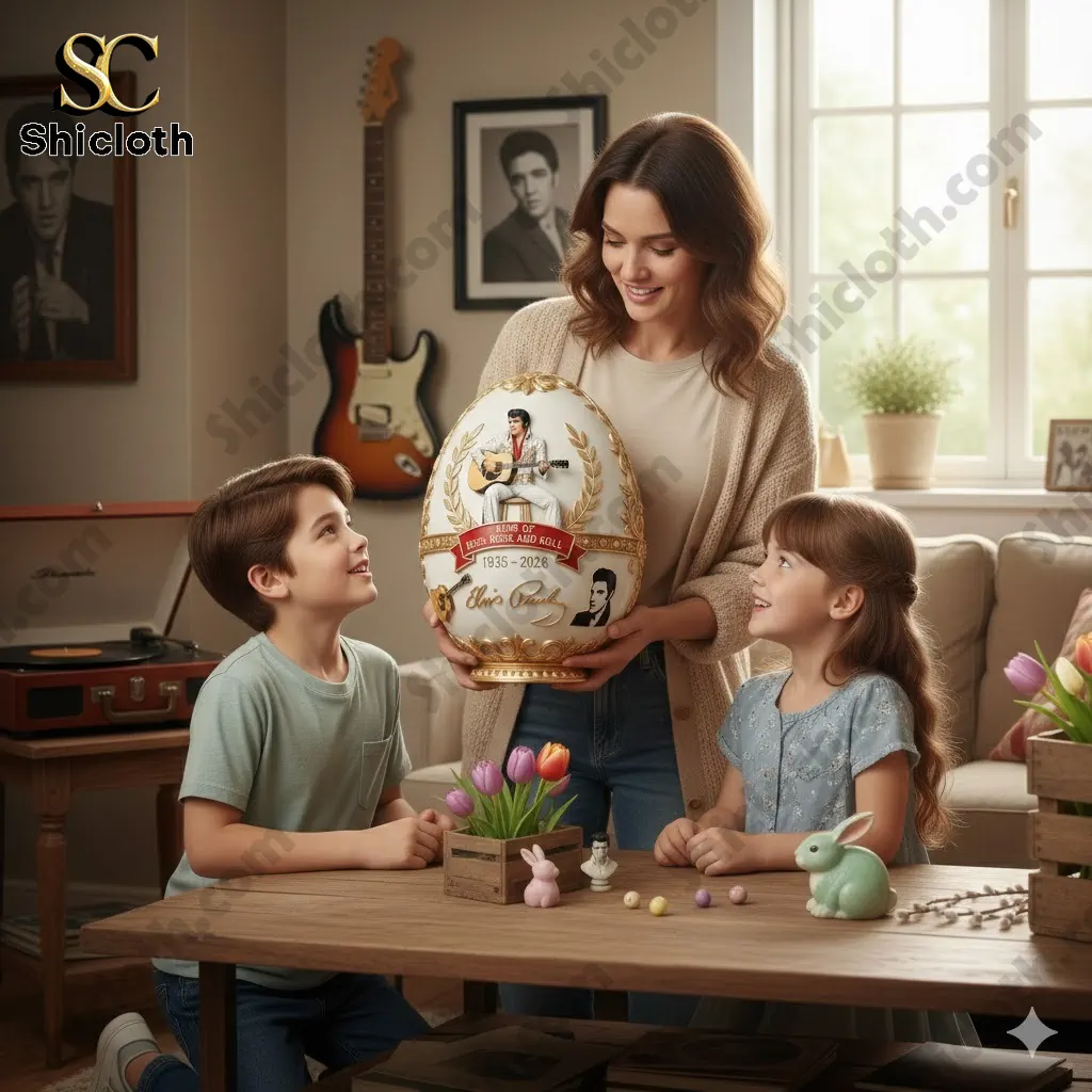 Mother and two children admiring Elvis Presley commemorative egg in living room
