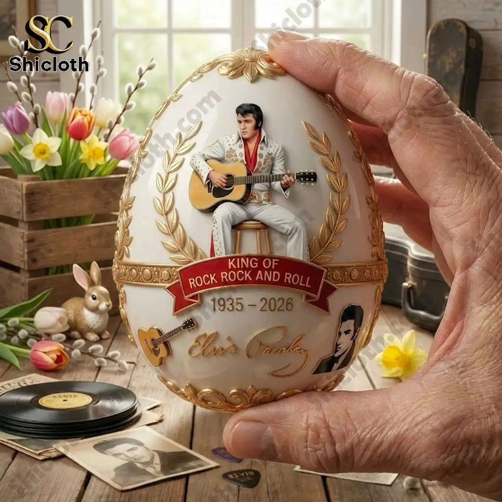 King of Rock and Roll Commemorative Egg 3 Hand holding Elvis Presley commemorative egg with detailed gold design