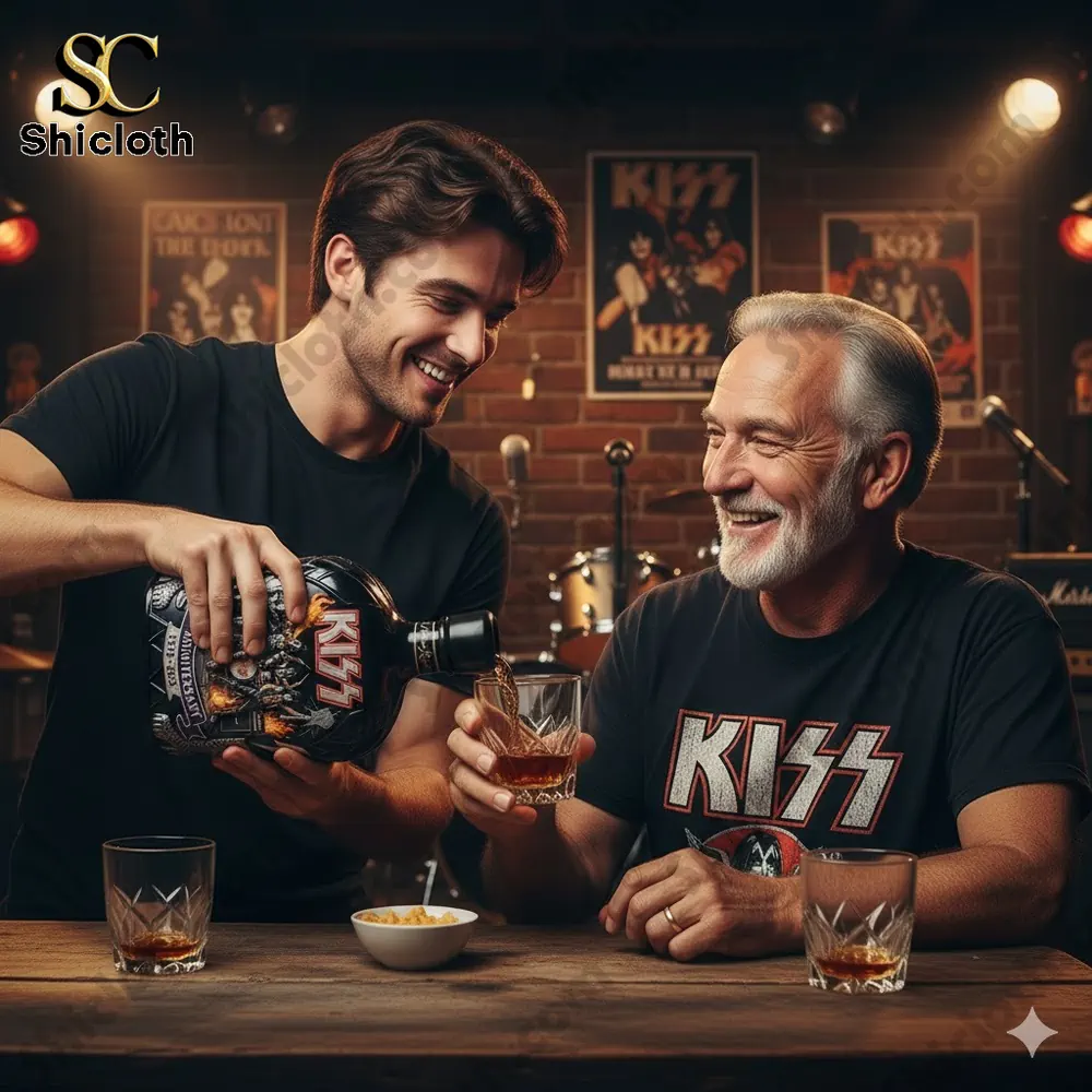 Two men sharing whiskey using a KISS 53rd Anniversary limited edition bottle in a rock music setting!