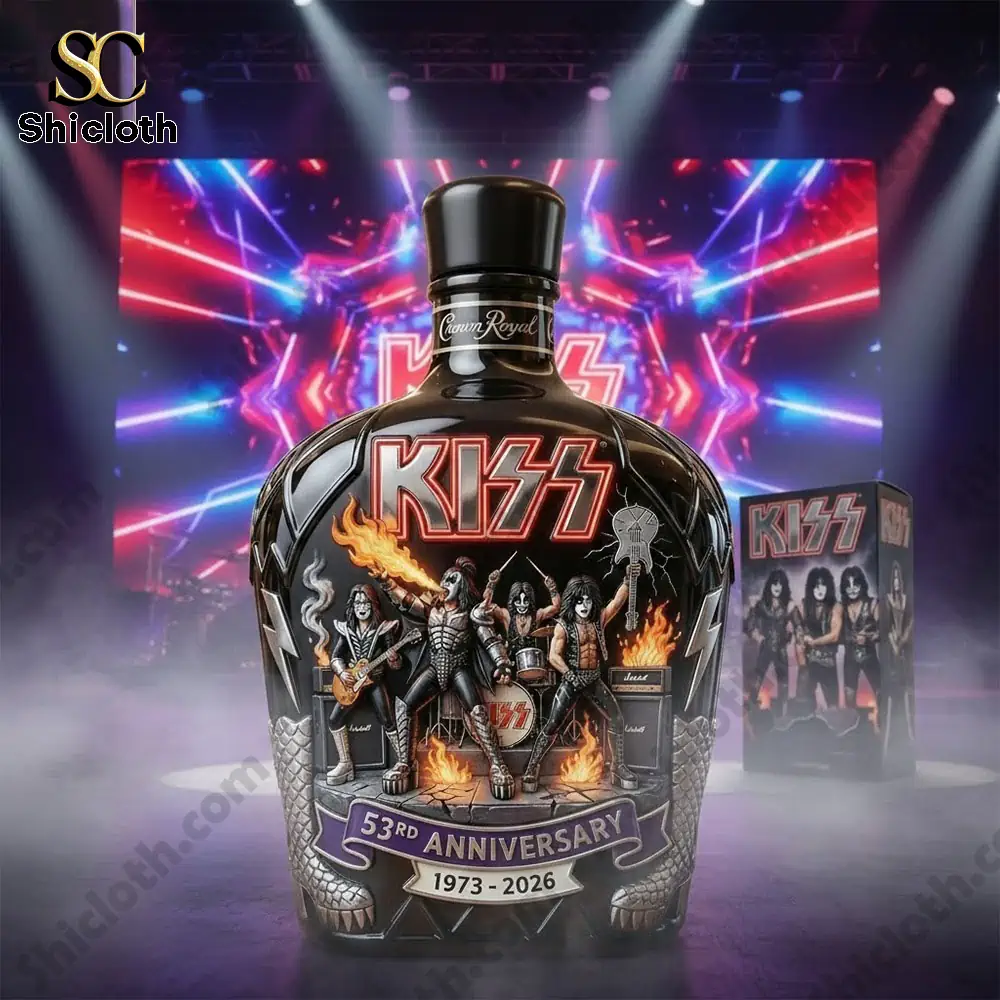 KISS 53rd Anniversary limited edition whiskey bottle displayed on a concert stage background!