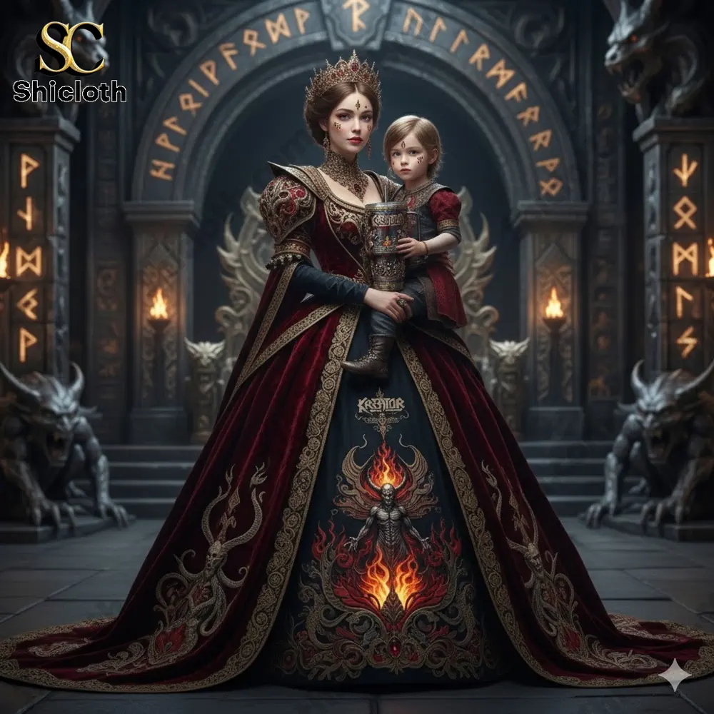 Dark queen holding a child in a gothic throne hall!