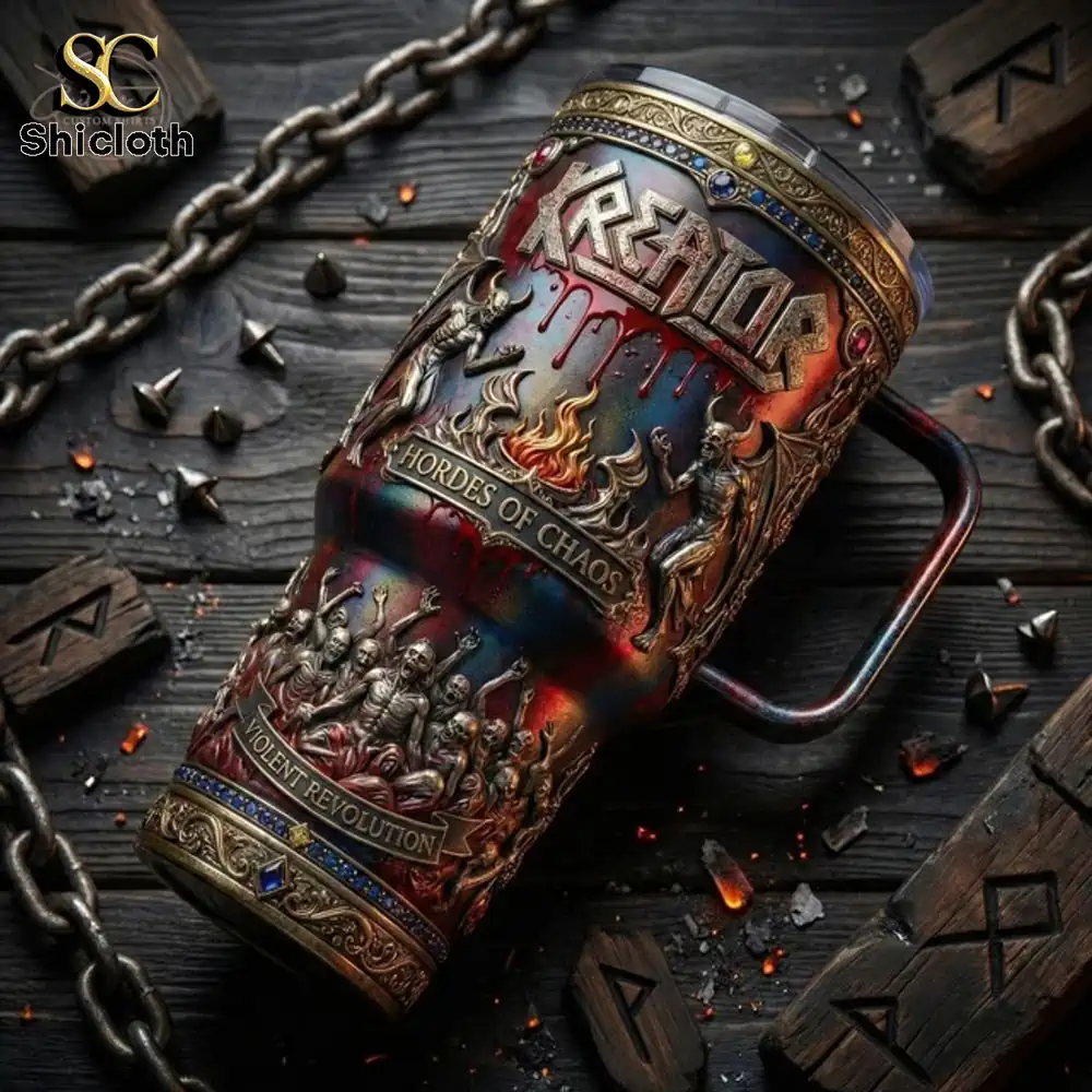 Kreator Hordes Of Chaos 2026 40oz Tumbler 3 Dark fantasy metal tumbler lying on wooden surface!