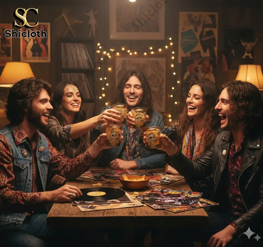 Friends raising glasses around a table with vinyl records!