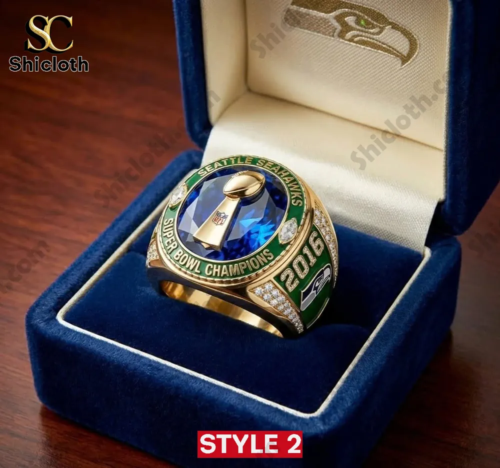 Seattle Seahawks Super Bowl Champions 2016 ring with a large blue gemstone and NFL trophy design.