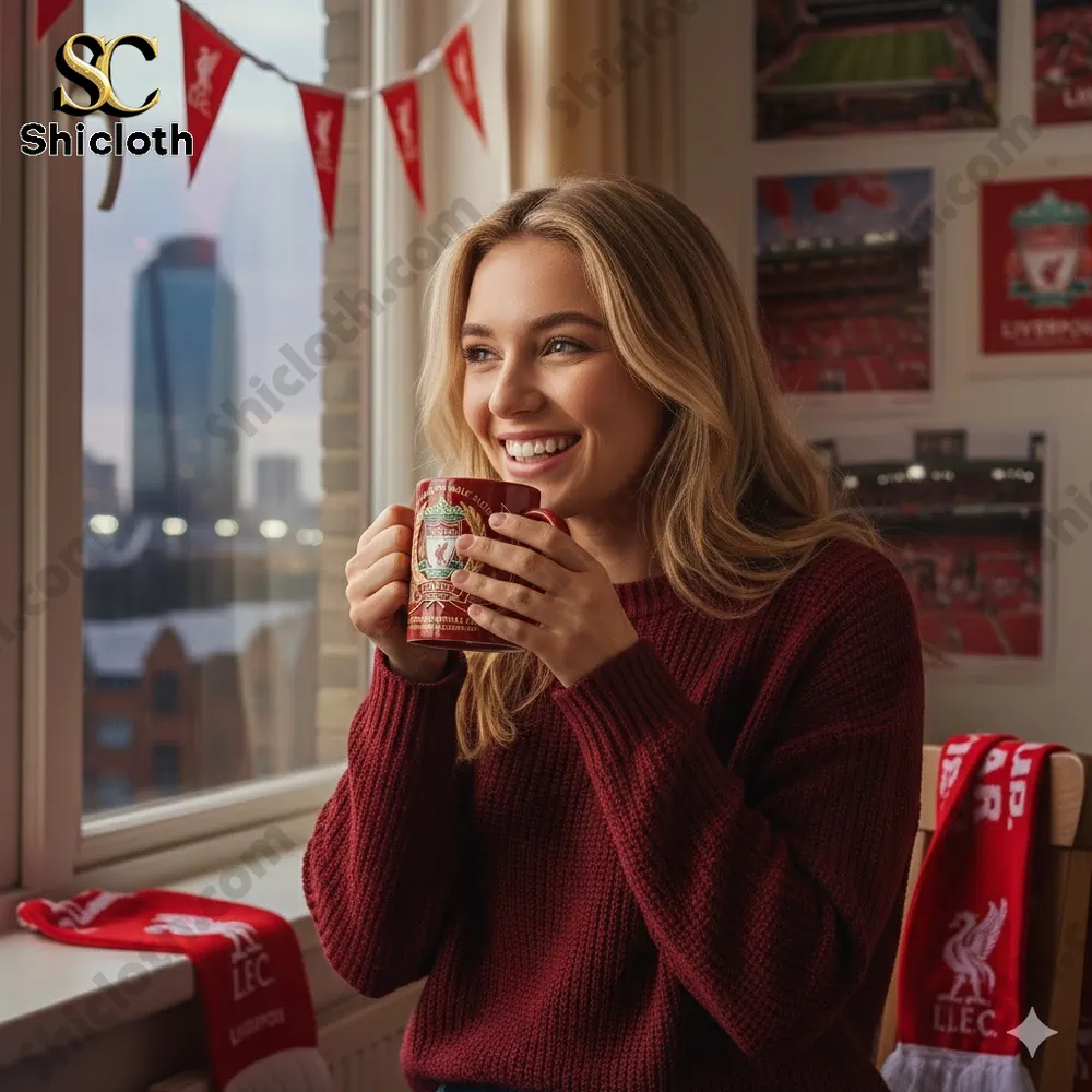 A smiling woman holding a Liverpool FC anniversary mug by a window.