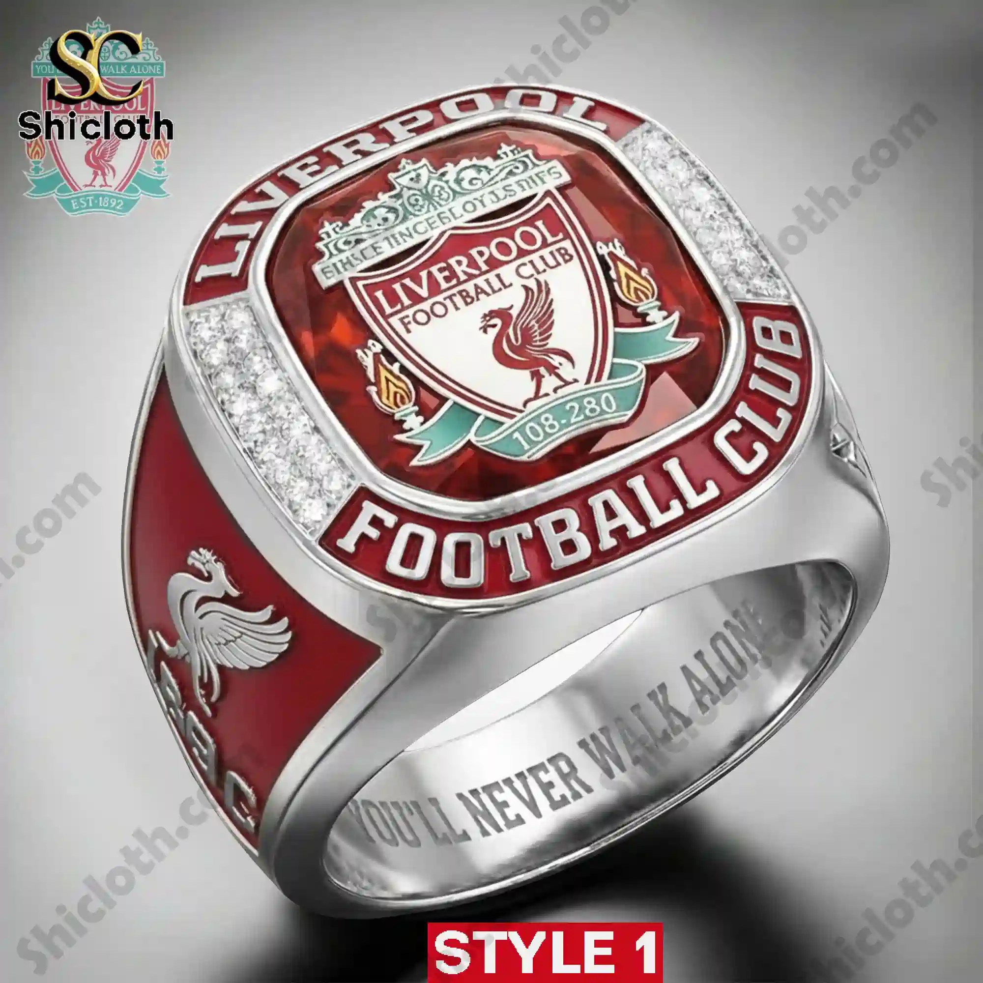 Silver and red Liverpool Football Club championship ring Style One
