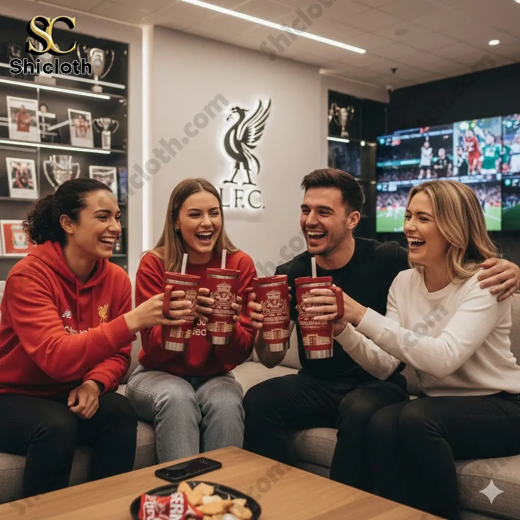 Liverpool fans holding red Yeti tumblers celebrating 134th anniversary inside LFC themed room!
