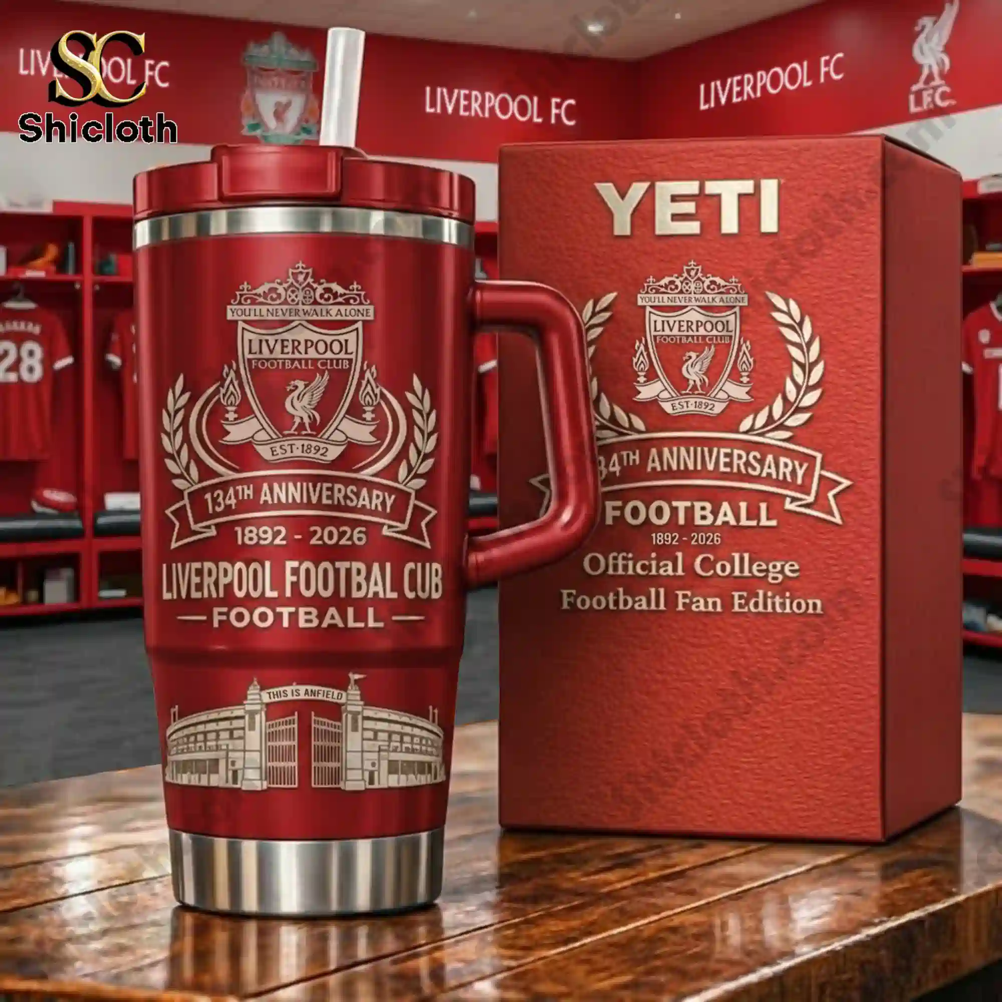 Close up of Liverpool 134th Anniversary Yeti tumbler with gift box in locker room!