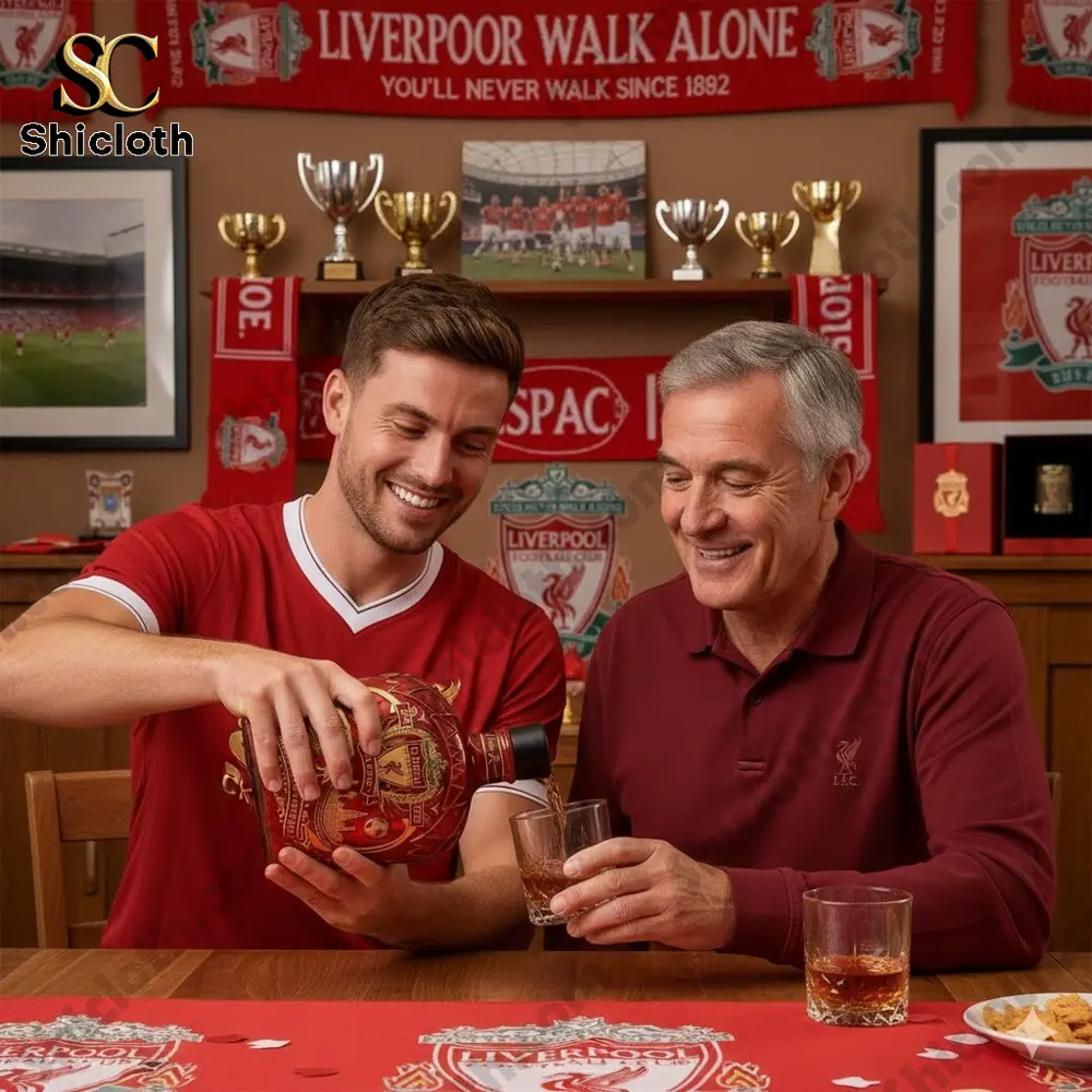 Two fans pouring whiskey from a Liverpool anniversary decanter in a themed room!