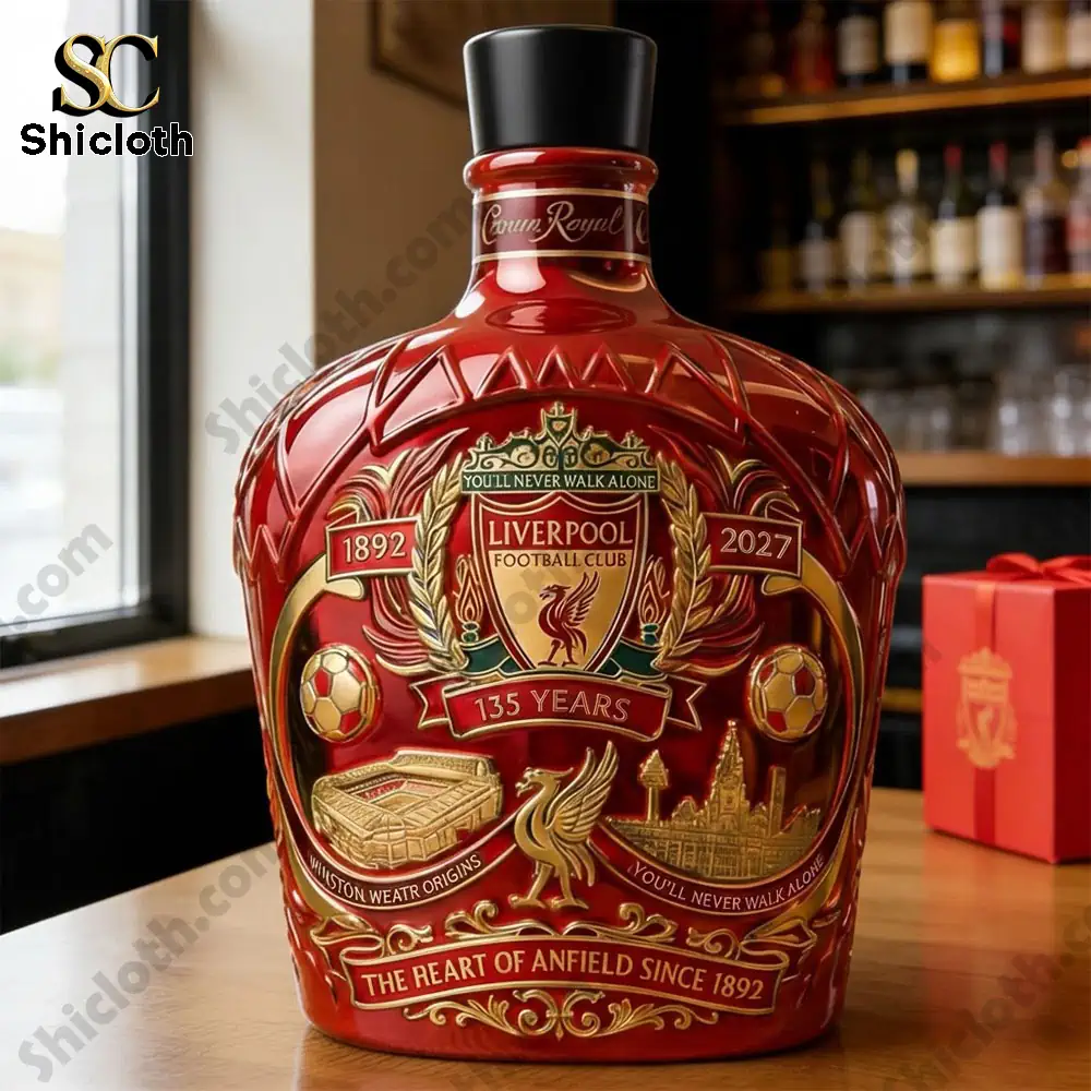 Liverpool anniversary whiskey decanter displayed on a wooden table!