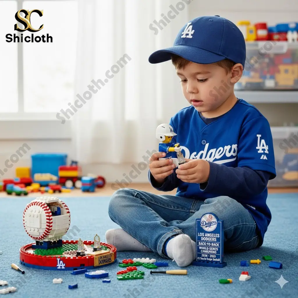 Boy wearing Los Angeles Dodgers jersey playing with a baseball themed brick set.
