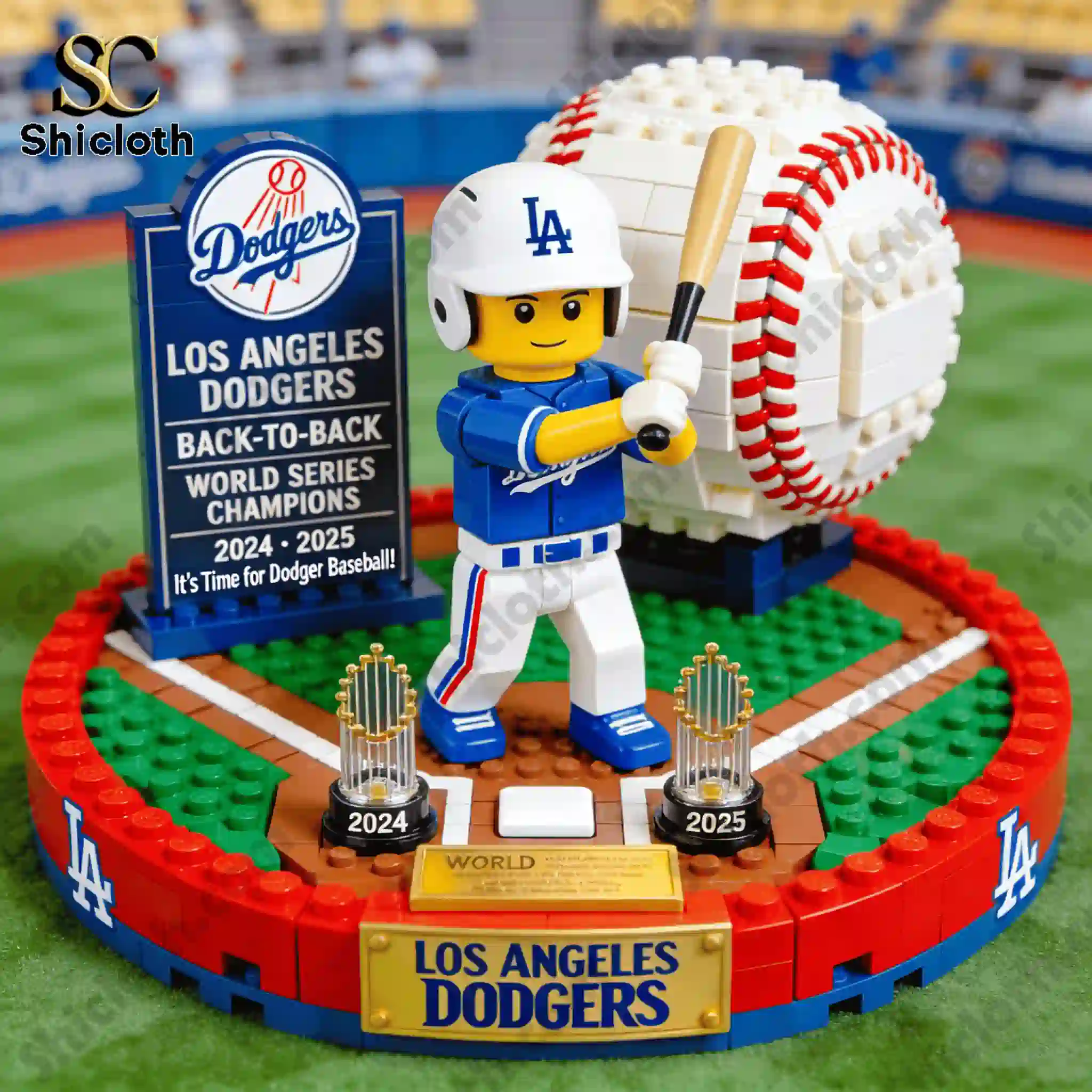 Los Angeles Dodgers baseball brick display with player figure and championship sign.