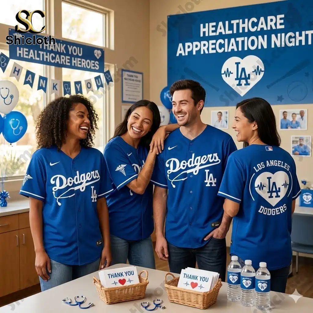 Four people wearing Los Angeles Dodgers Healthcare Appreciation Night jerseys at a healthcare themed appreciation event display by Shiclothg!