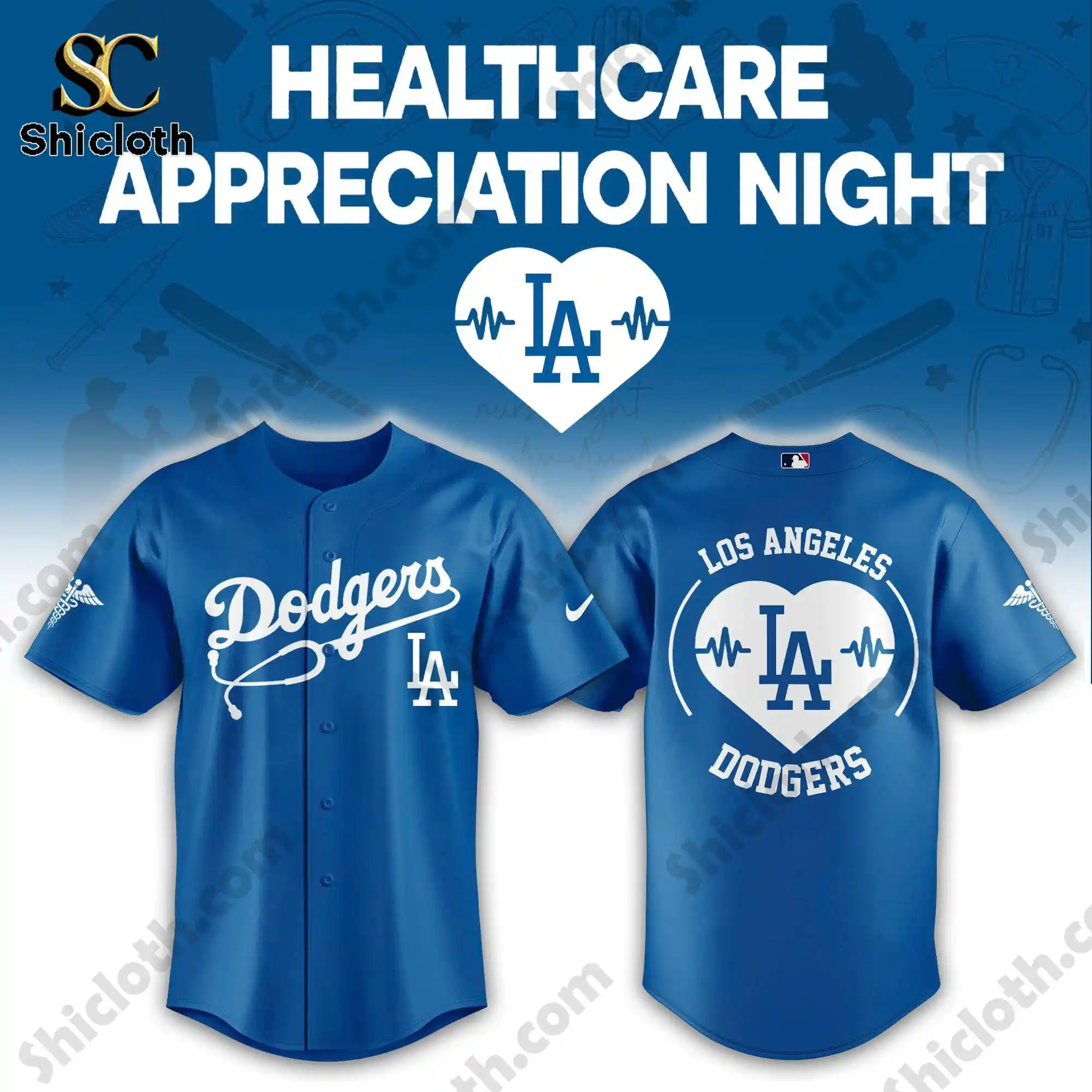 Front and back view of blue Los Angeles Dodgers Healthcare Appreciation Night Limited Edition Jersey by Shiclothg!
