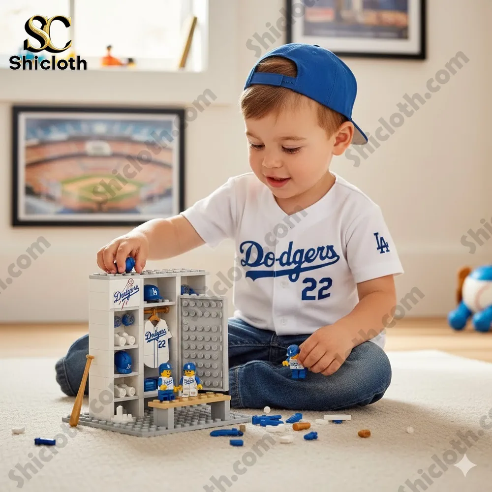 A toddler playing with a Dodgers themed baseball locker toy set!