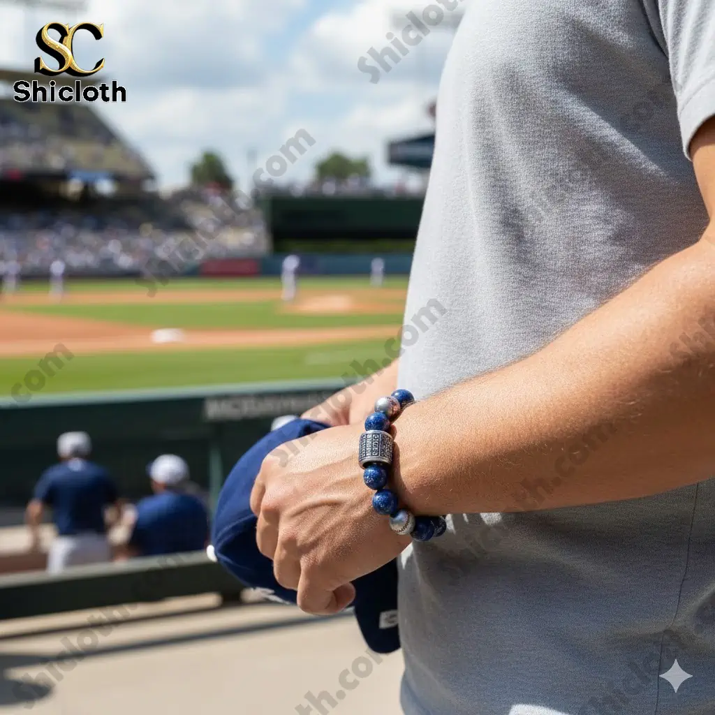 Blue beaded Los Angeles World Series 2025 Champions bracelet worn at a baseball stadium.