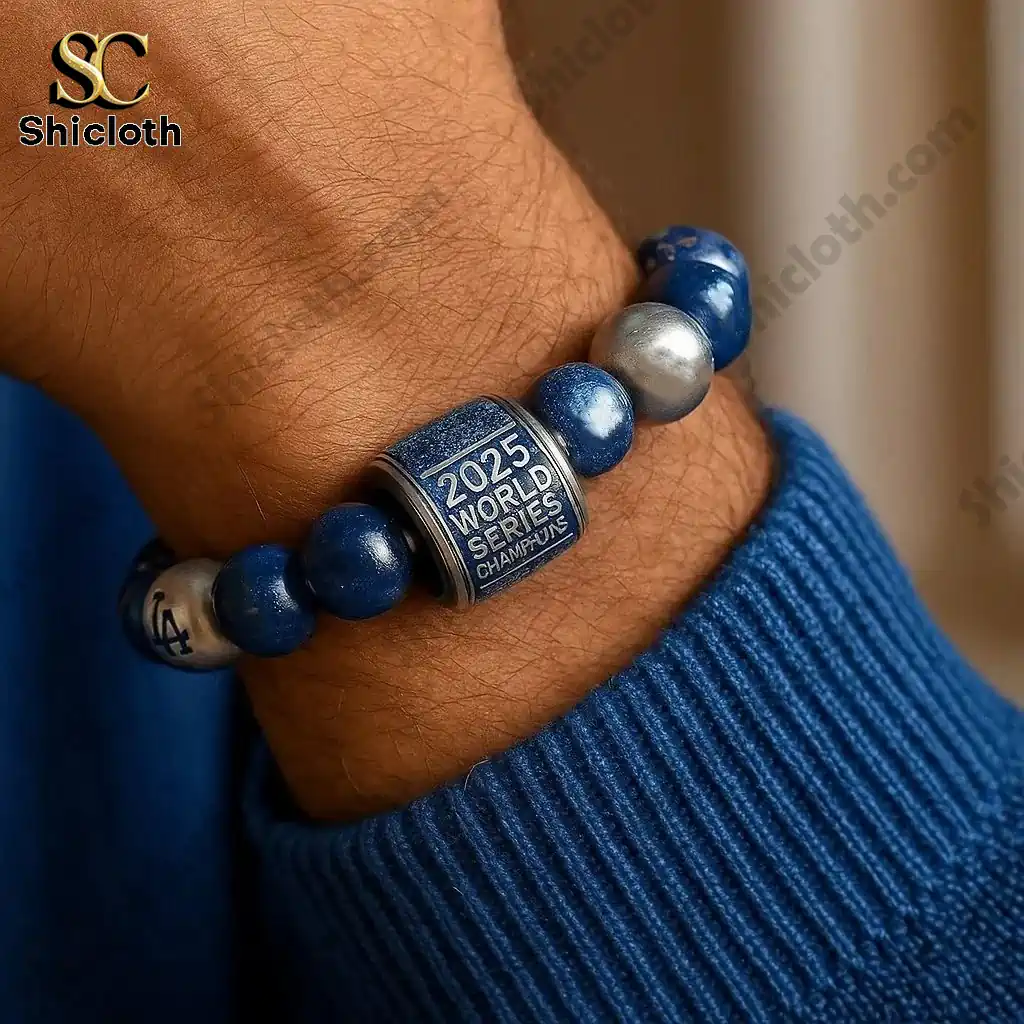 Los Angeles National Champion Commemorative Lucky Bracelet 3 Close up of Los Angeles World Series 2025 Champions blue beaded bracelet on wrist.