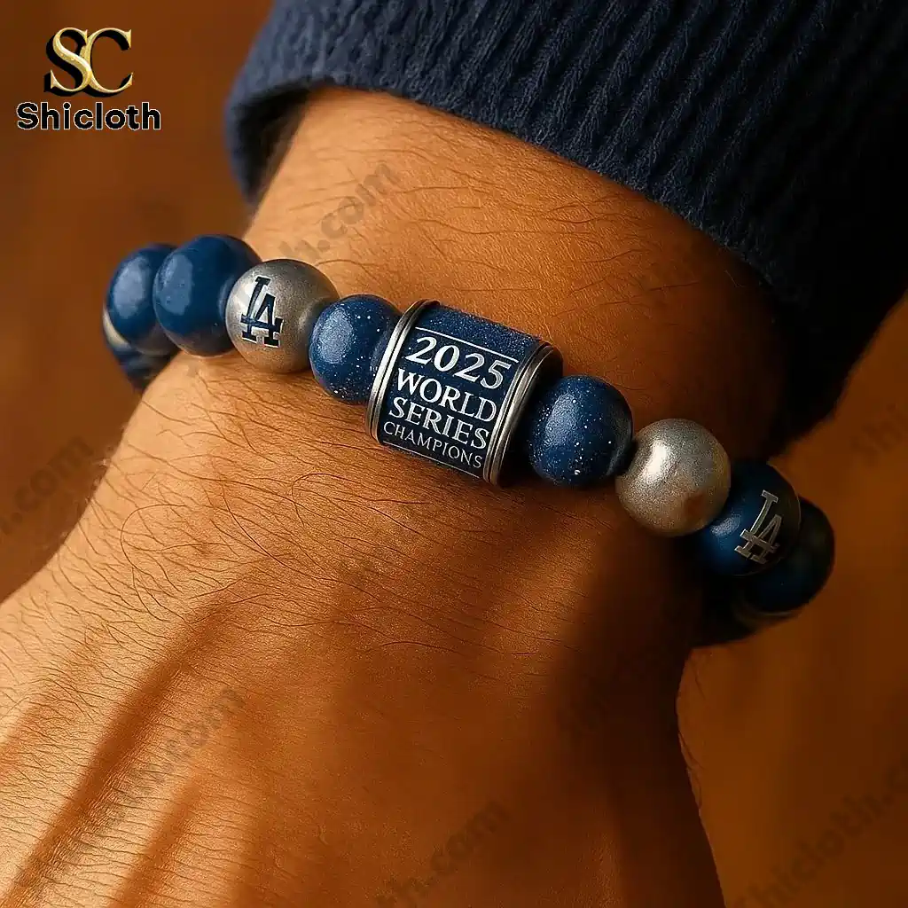 Los Angeles National Champion Commemorative Lucky Bracelet 4 Los Angeles World Series 2025 Champions bracelet with engraved centerpiece and LA beads.