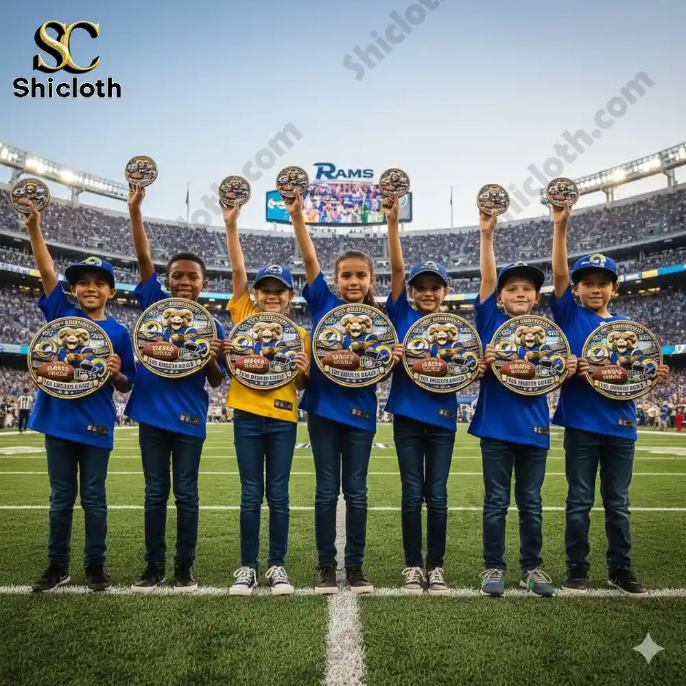 Children wearing Los Angeles Rams jerseys holding anniversary medals on a football field!