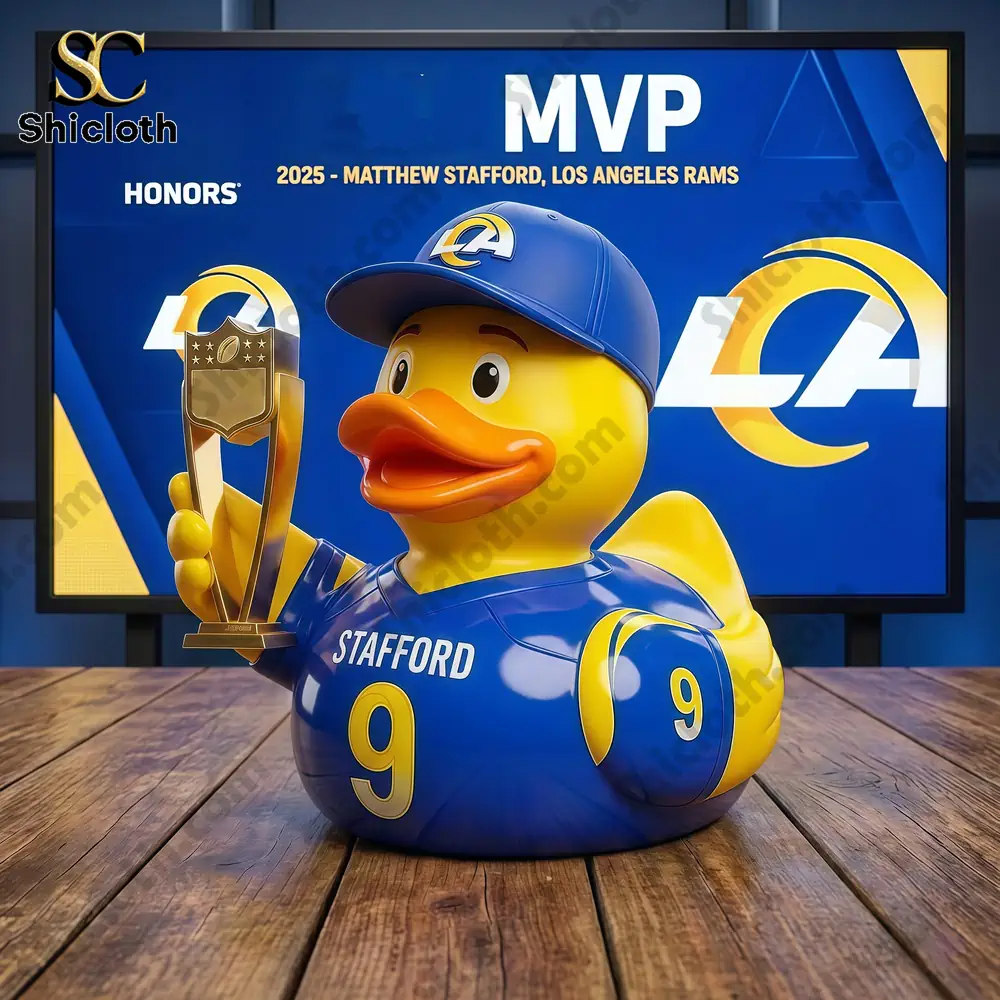 Alt text Rubber duck wearing a Rams Stafford jersey holding a trophy in front of an MVP screen!