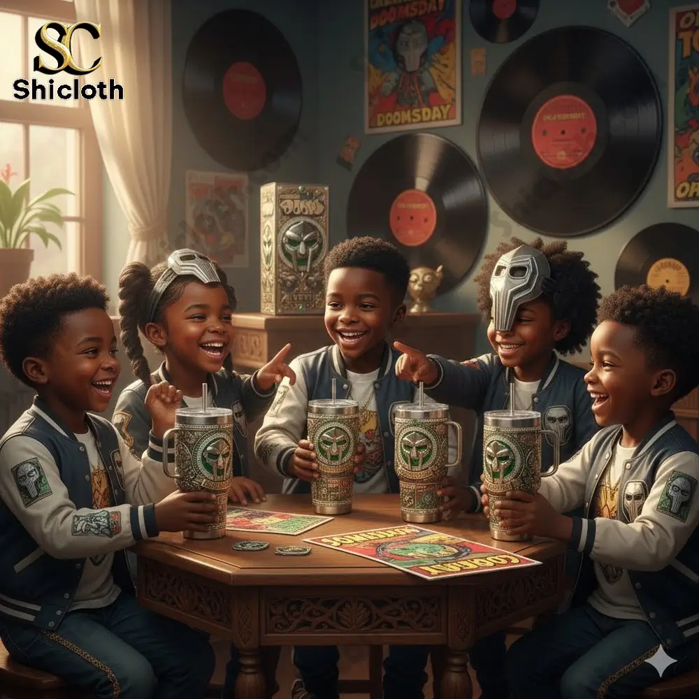 Happy kids sitting around a table holding MF DOOM style tumblers in a cozy music themed room!