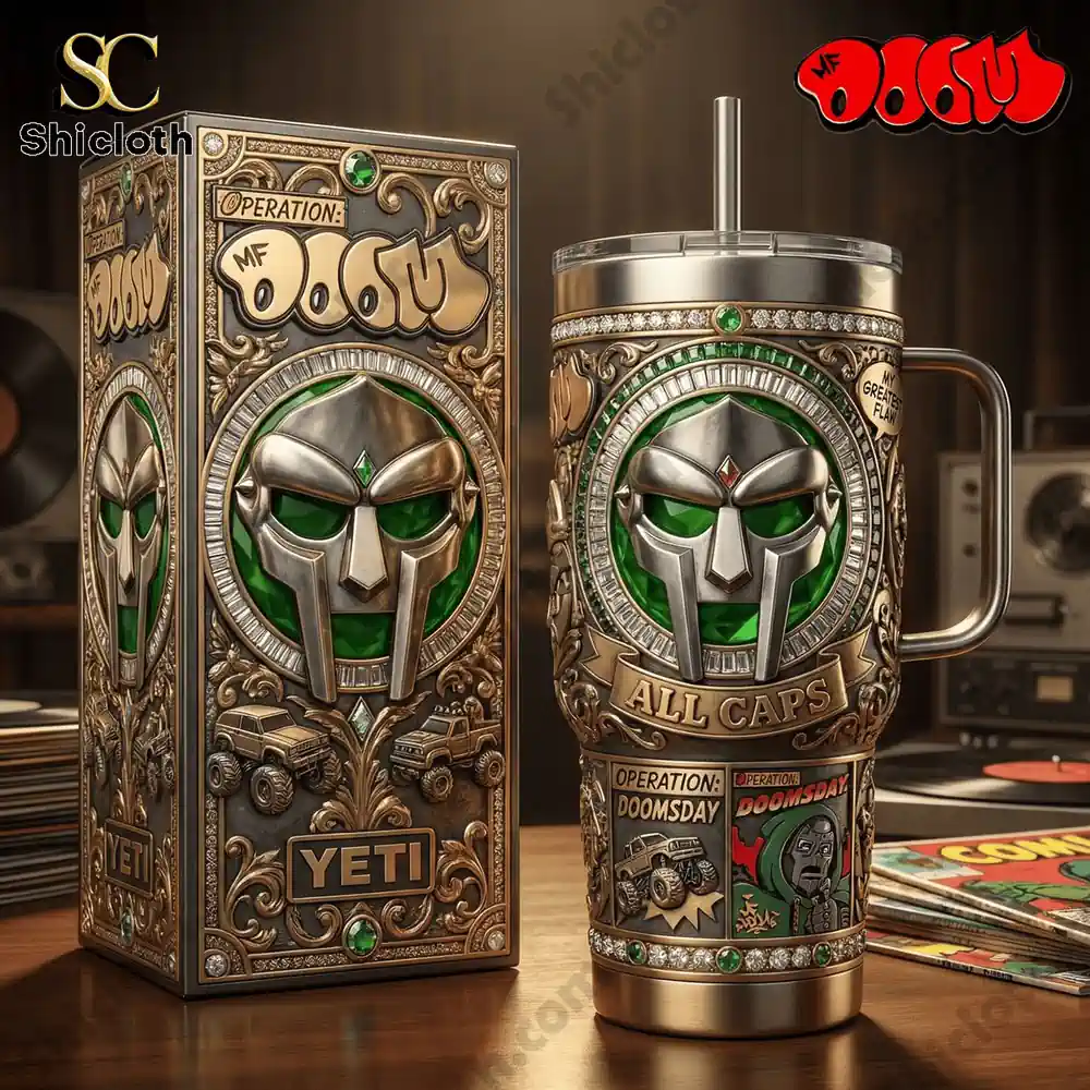 MF DOOM style Yeti tumbler and box displayed on a wooden table!