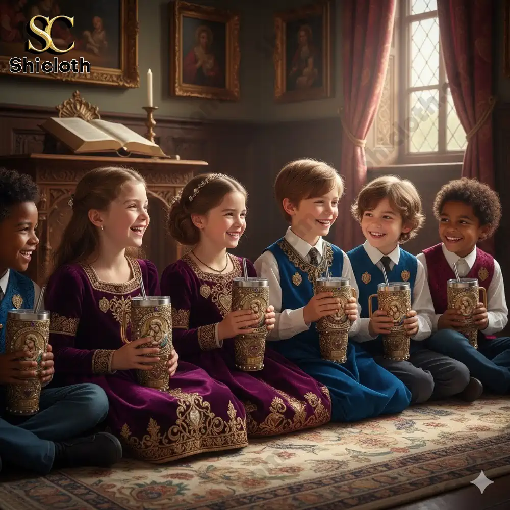 Children in classic clothing holding religious tumblers together!