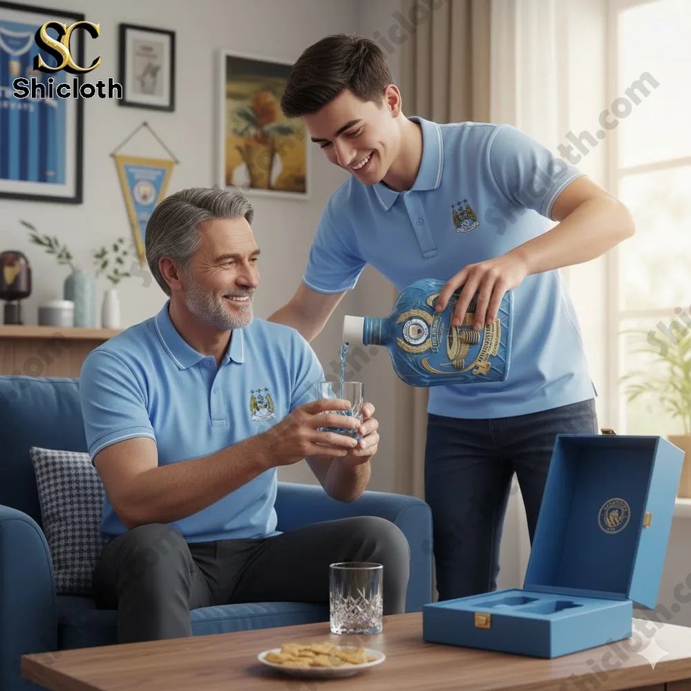 Father and son sharing a drink with Manchester City 145 years whiskey decanter by Shicloth!