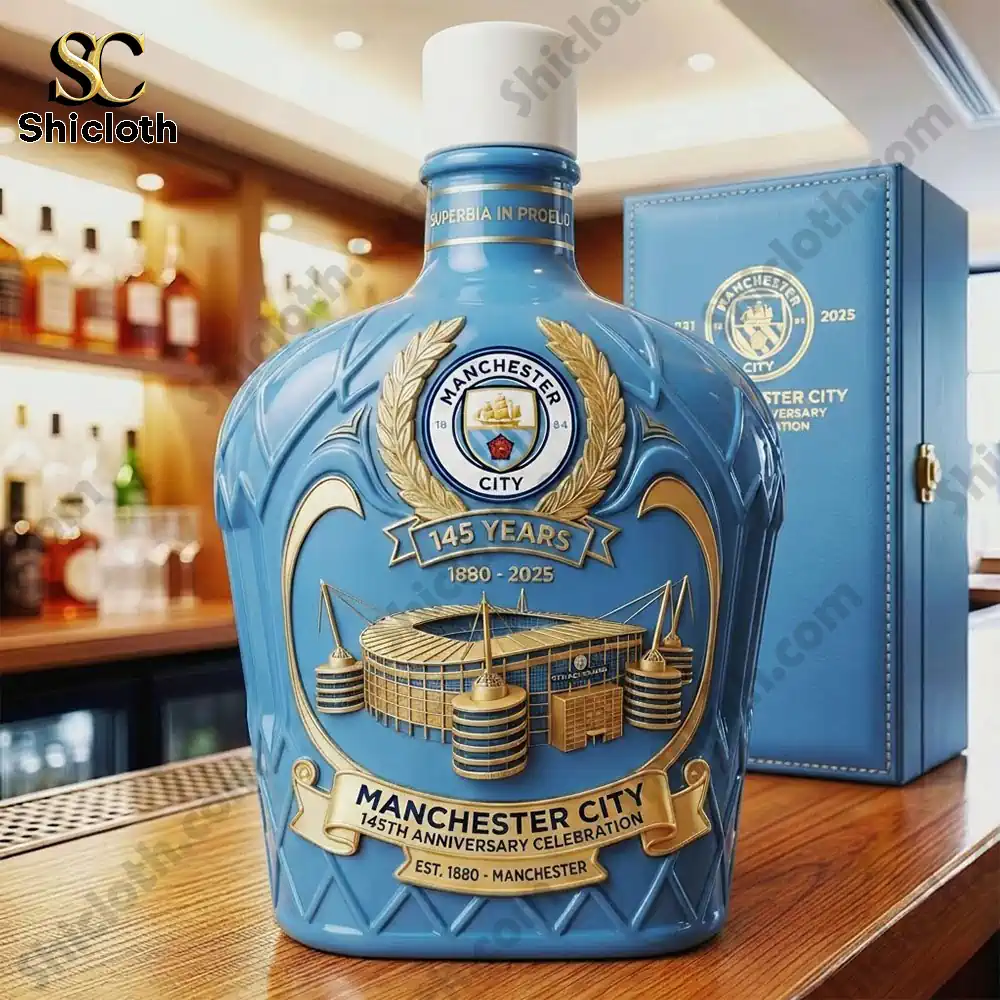 Manchester City 145 years anniversary whiskey decanter by Shicloth on a bar counter!