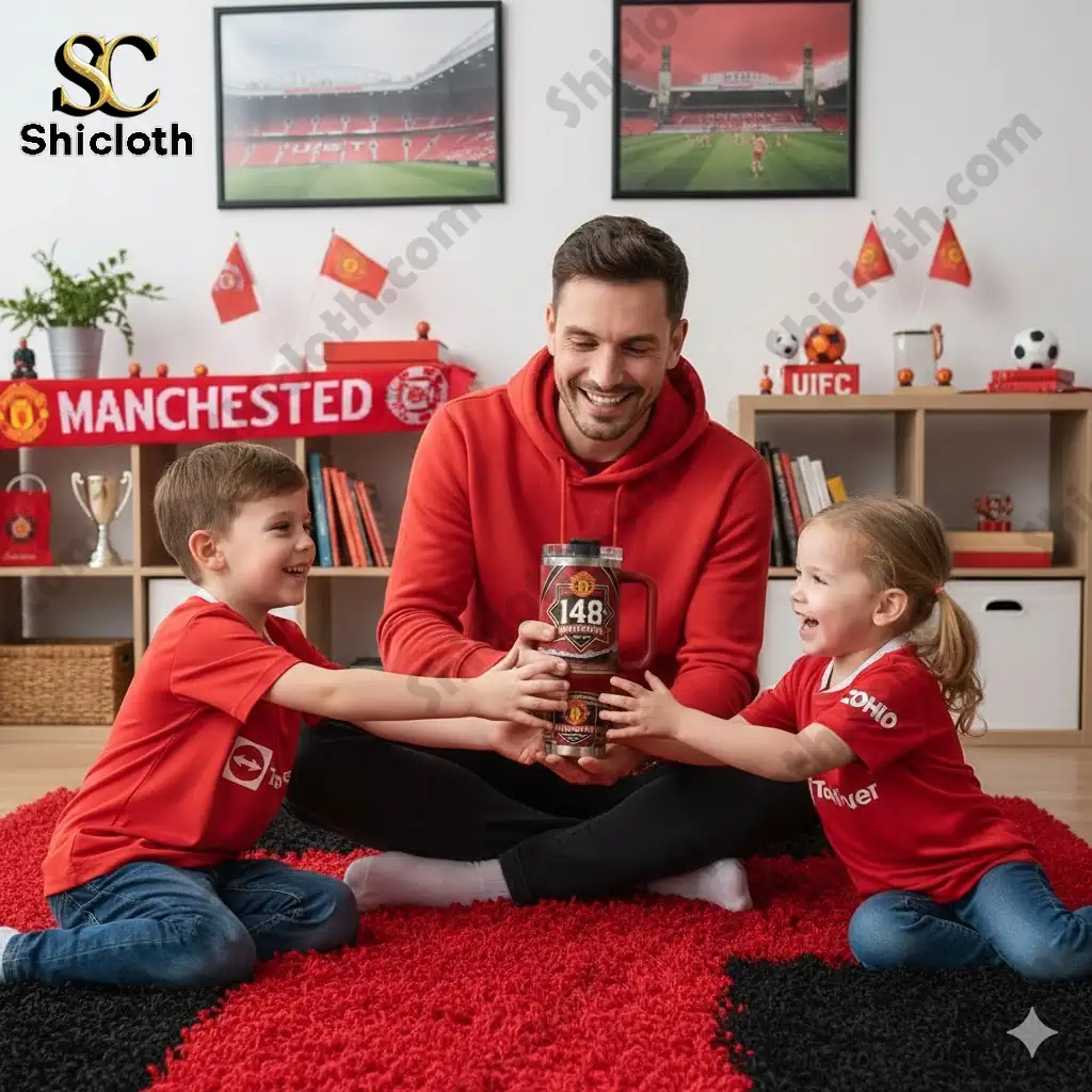 Father and two children holding Manchester United 148th Anniversary tumbler in red themed room.