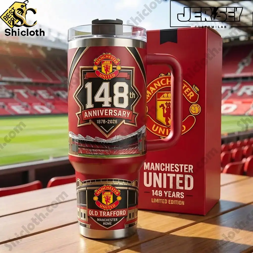 Close up of Manchester United 148th Anniversary limited edition tumbler at stadium.