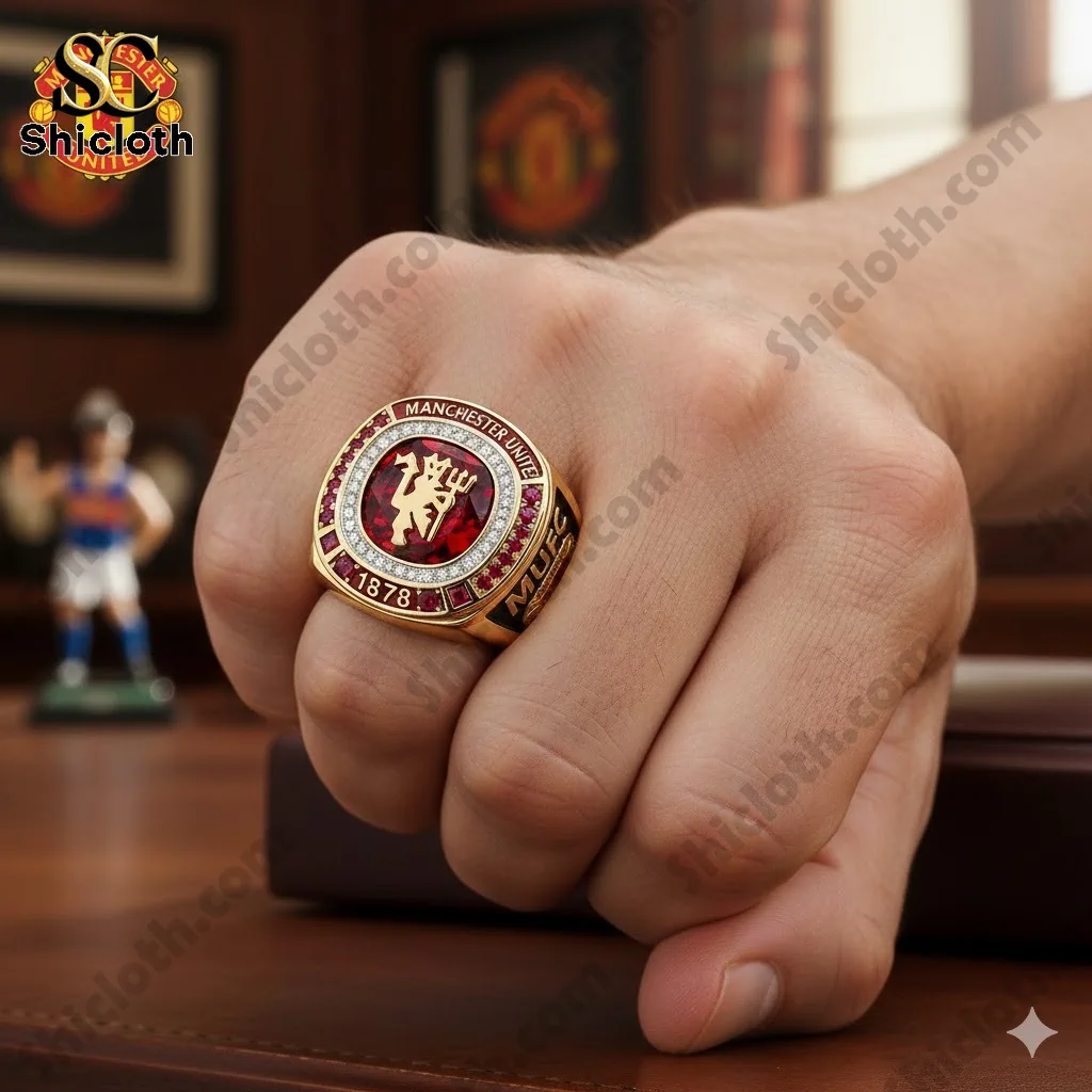 Gold Manchester United ring with red center stone worn on hand
