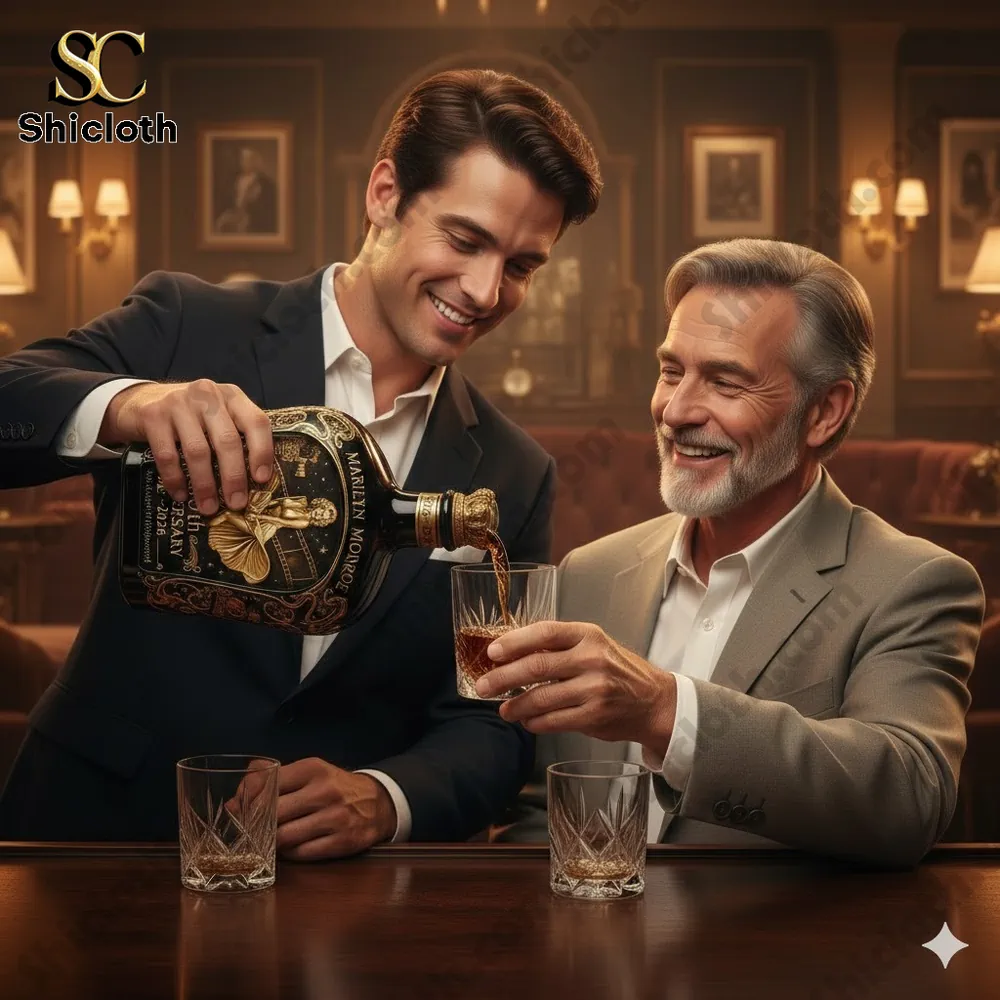 Man pouring drink from Marilyn Monroe themed whiskey bottle at elegant bar!