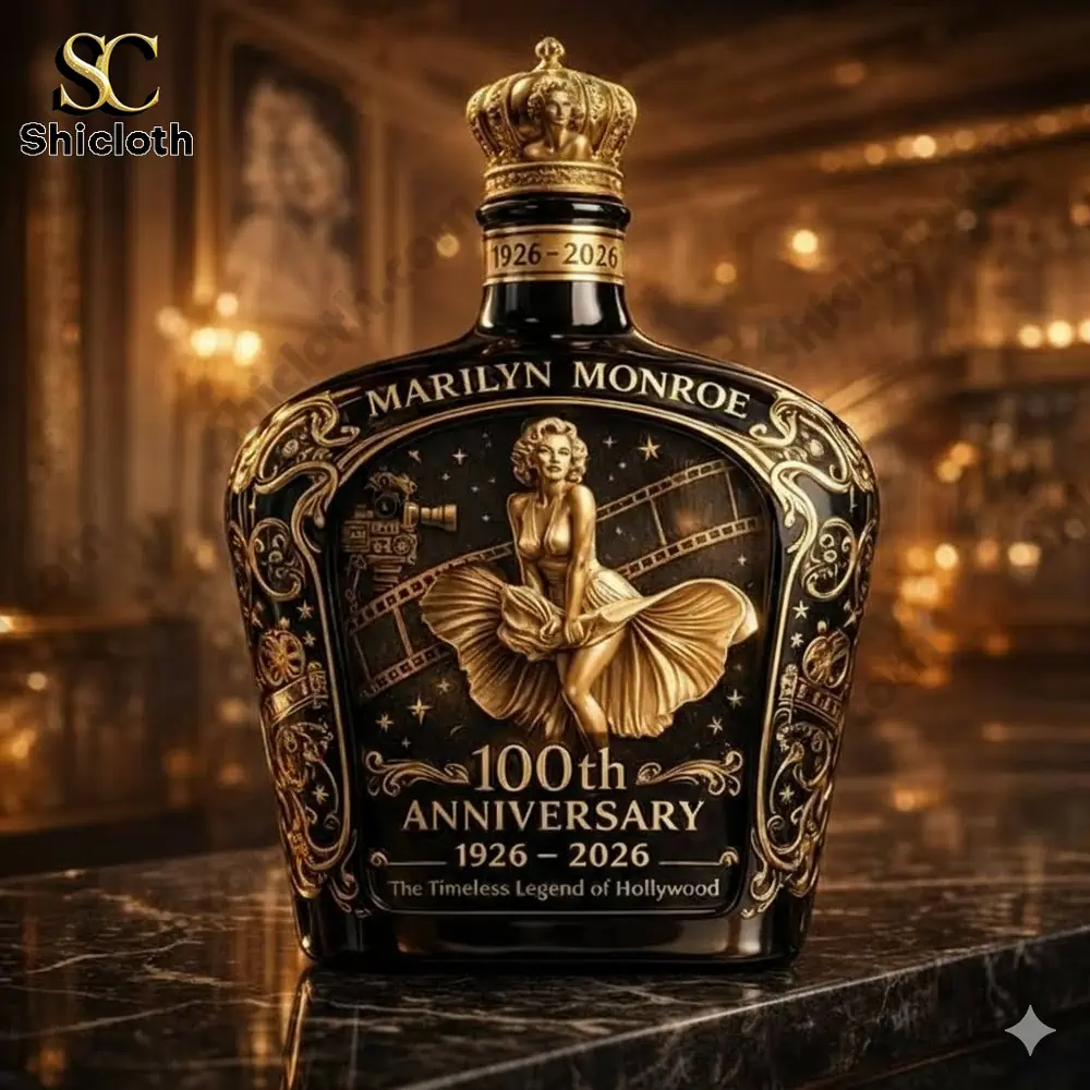 Close view of Marilyn Monroe themed anniversary whiskey bottle with crown!
