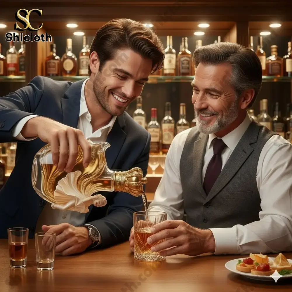 Two men pouring drink from decorative bottle at bar!