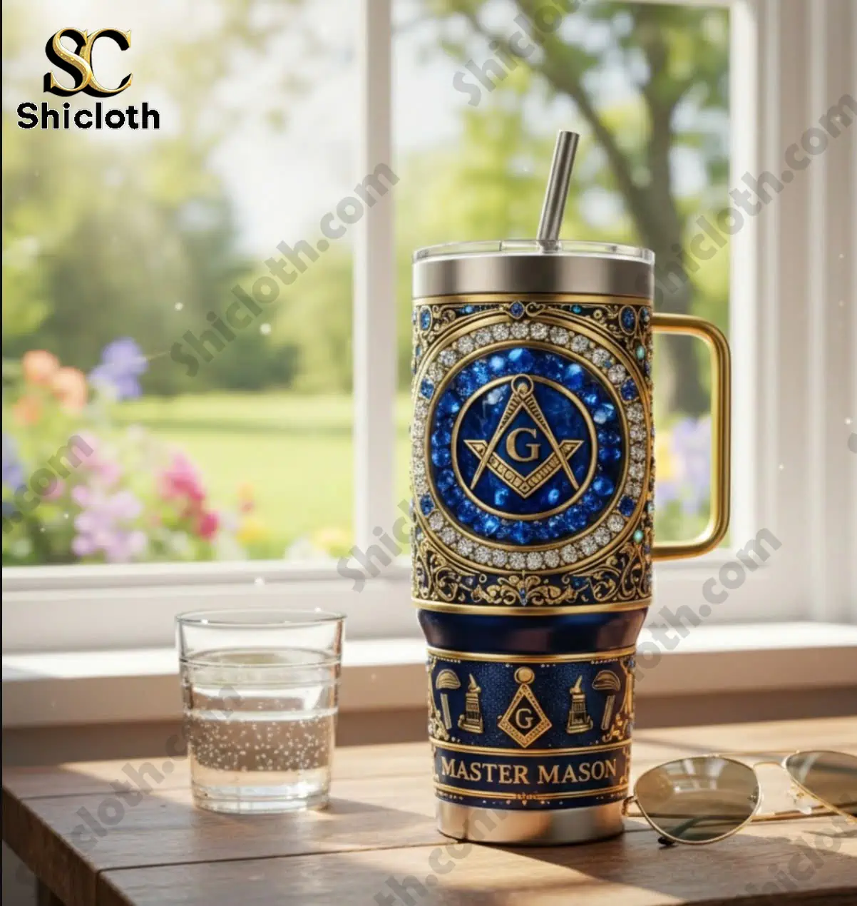 Alternative view of Master Mason Faith Hope Charity Ornate Blue And Gold Tumbler