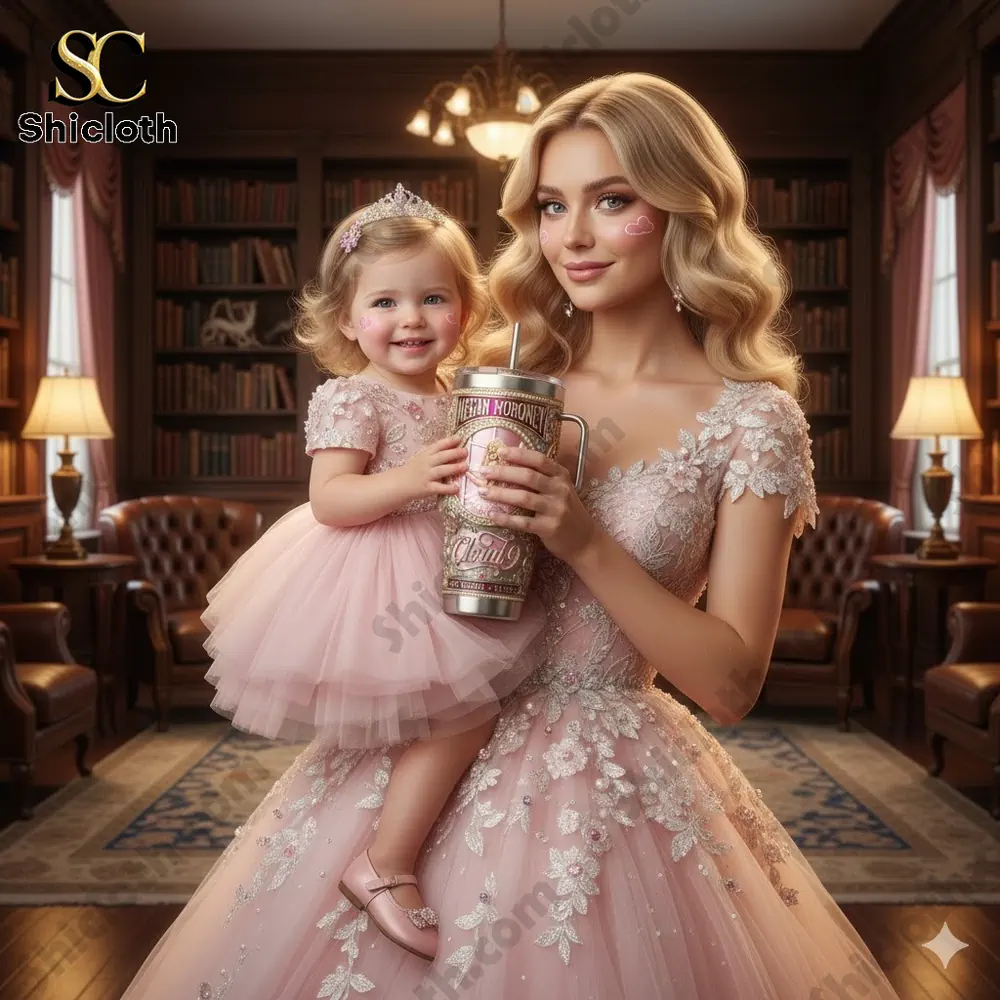 Elegant mother and baby in pink dresses holding a decorative tumbler in a luxury library setting!
