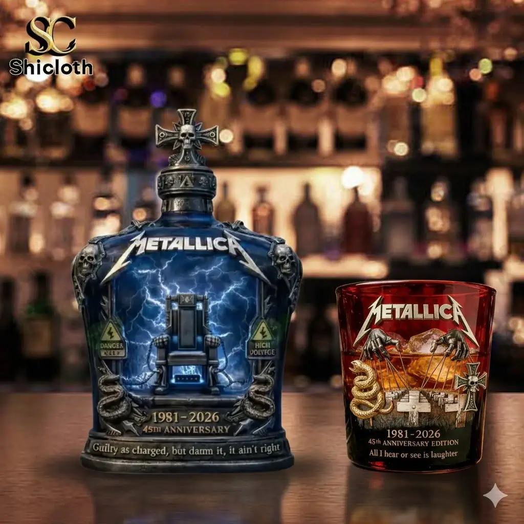 Metallica anniversary whiskey decanter with skull cross stopper on bar counter!
