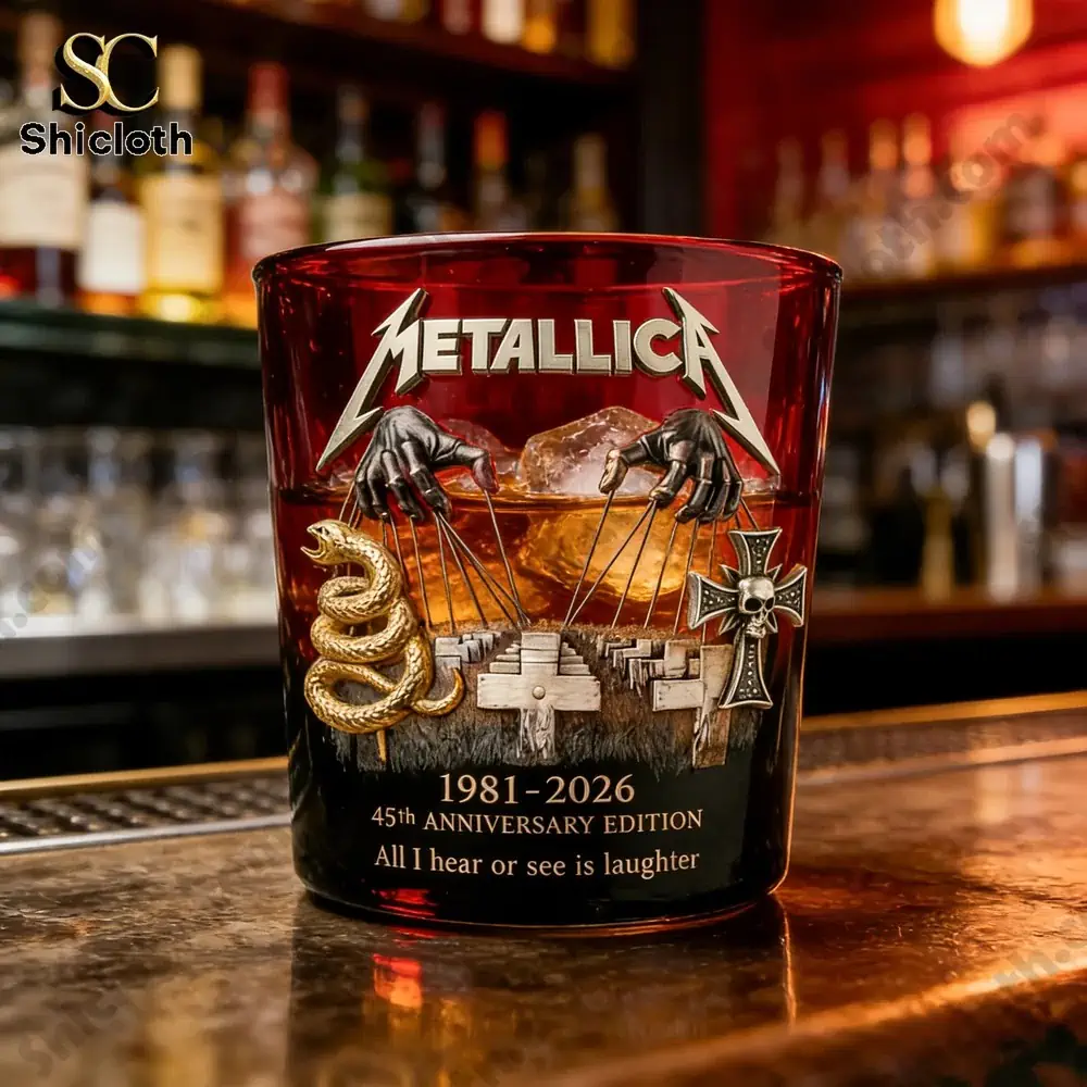 Metallica 45th Anniversary 1981-2026 Whiskey Bottle And Glass Combo Set 3 Metallica whiskey glass with ice and drink on bar counter!