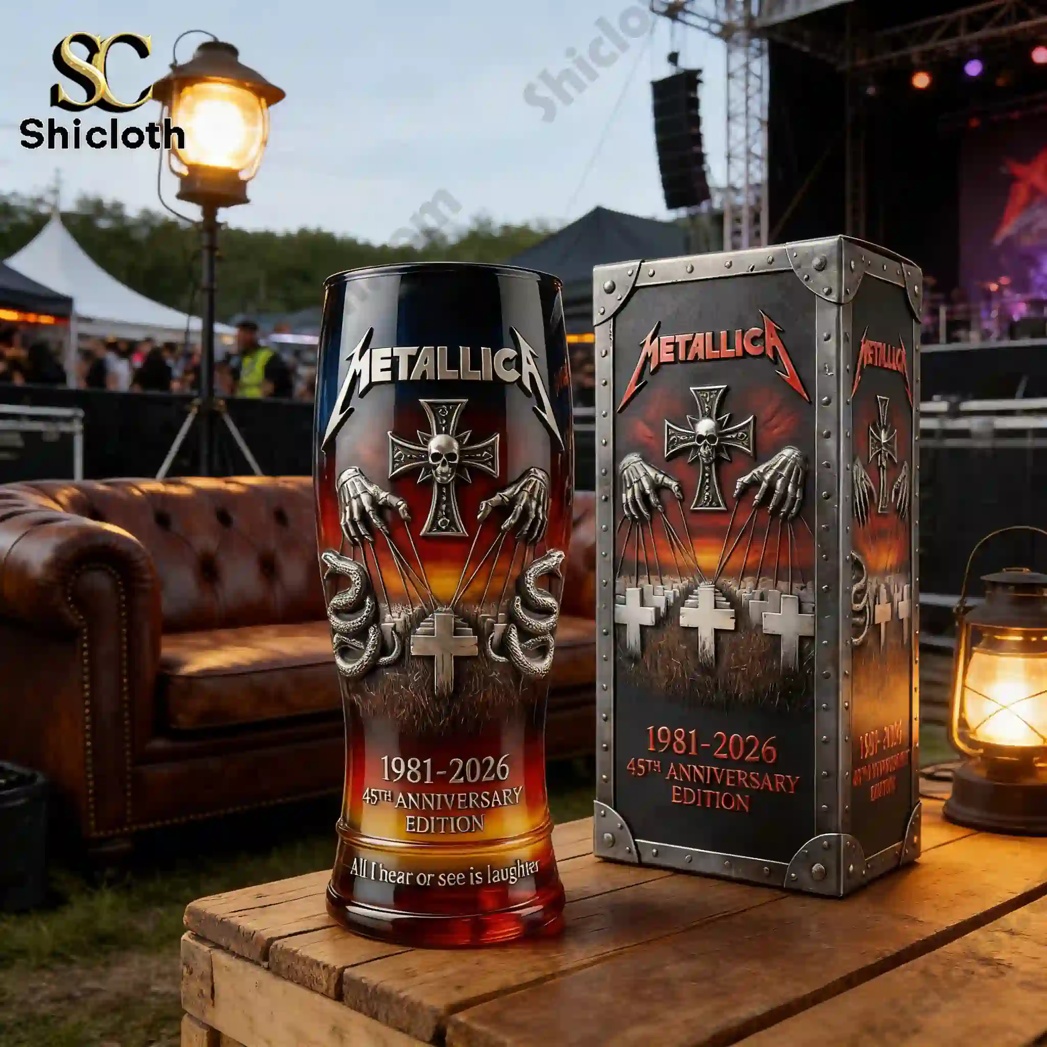 Metallica 45th Anniversary Edition Beer Glass 5 Metallica Forty Fifth Anniversary Edition beer glass and box at outdoor music festival setting!