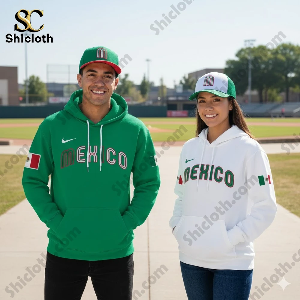 Two models wearing green and white Mexico baseball hoodies at a baseball field!