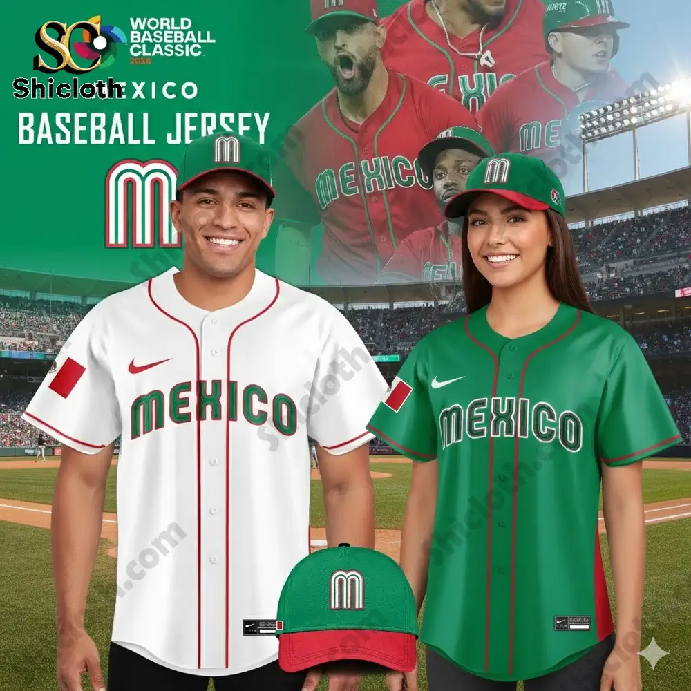 Two models wearing Mexico World Baseball Classic baseball jerseys and green red caps in a stadium.