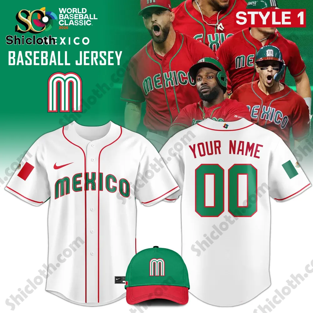 Front and back view of white Mexico Baseball Jersey with custom name and number option.