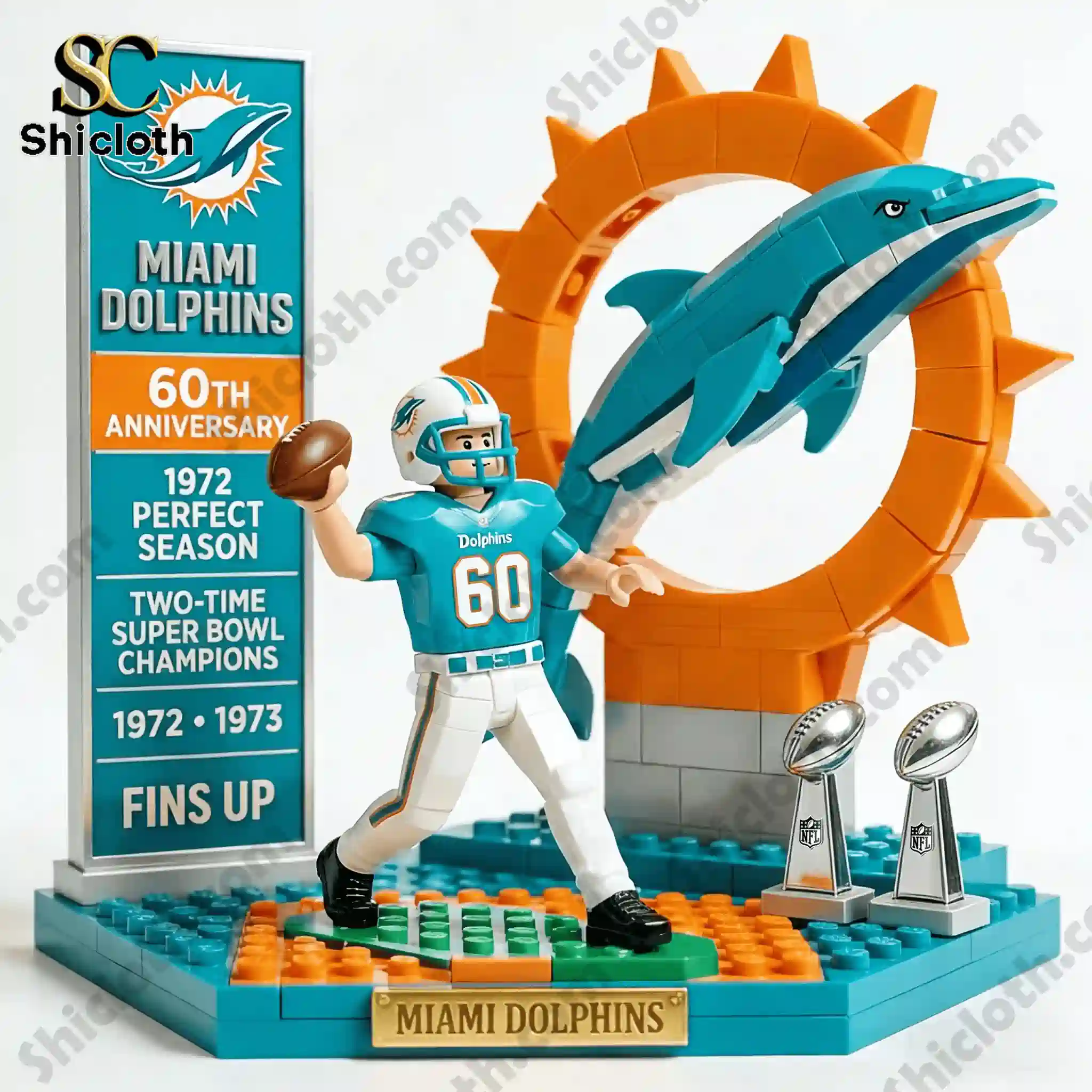 Close up of Miami Dolphins anniversary brick display with player figure dolphin emblem and championship trophies!