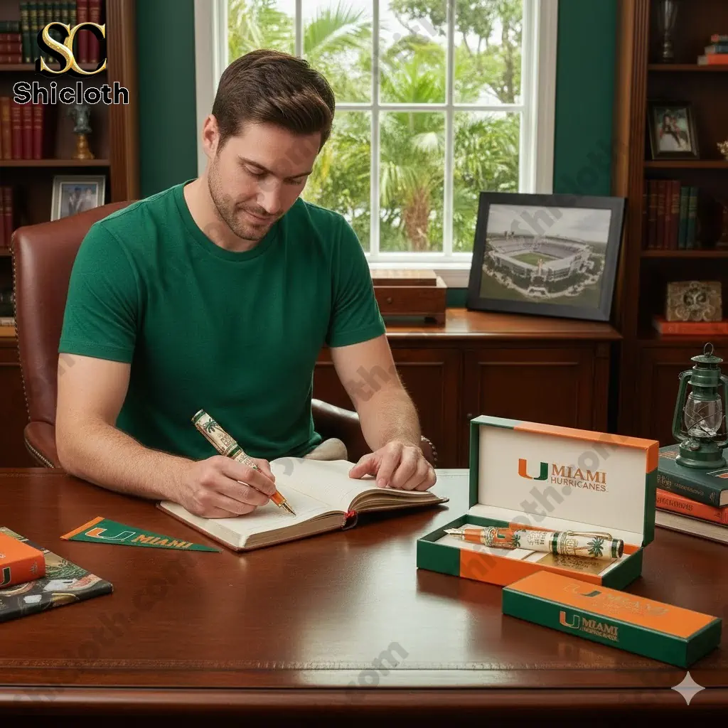 Man writing in notebook with Miami Hurricanes anniversary pen at wooden desk